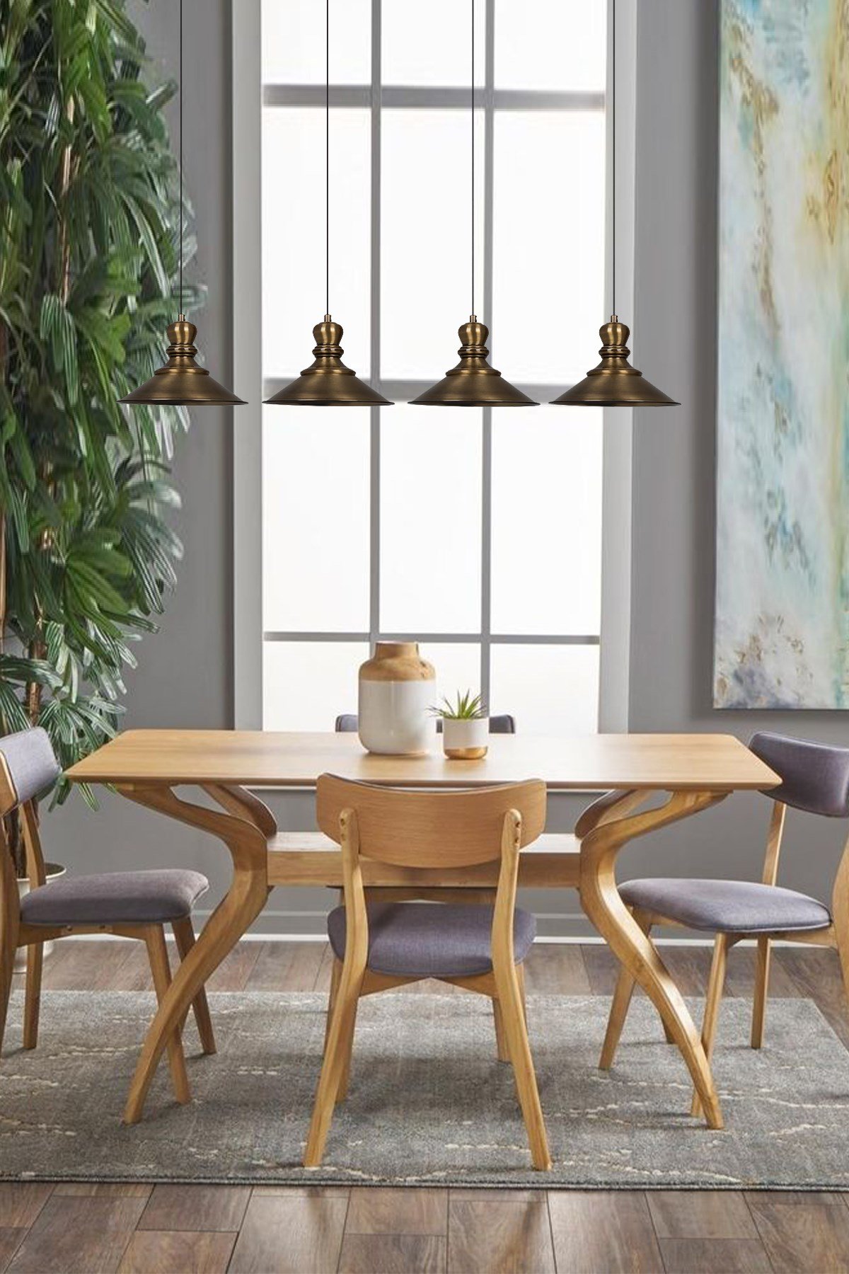 Bamyum Dörtlü Nantes Eskitme Rengi Metal Sarkıt Avize  Lamba Rustik Vintage Iç Mekan Ofis Cafe