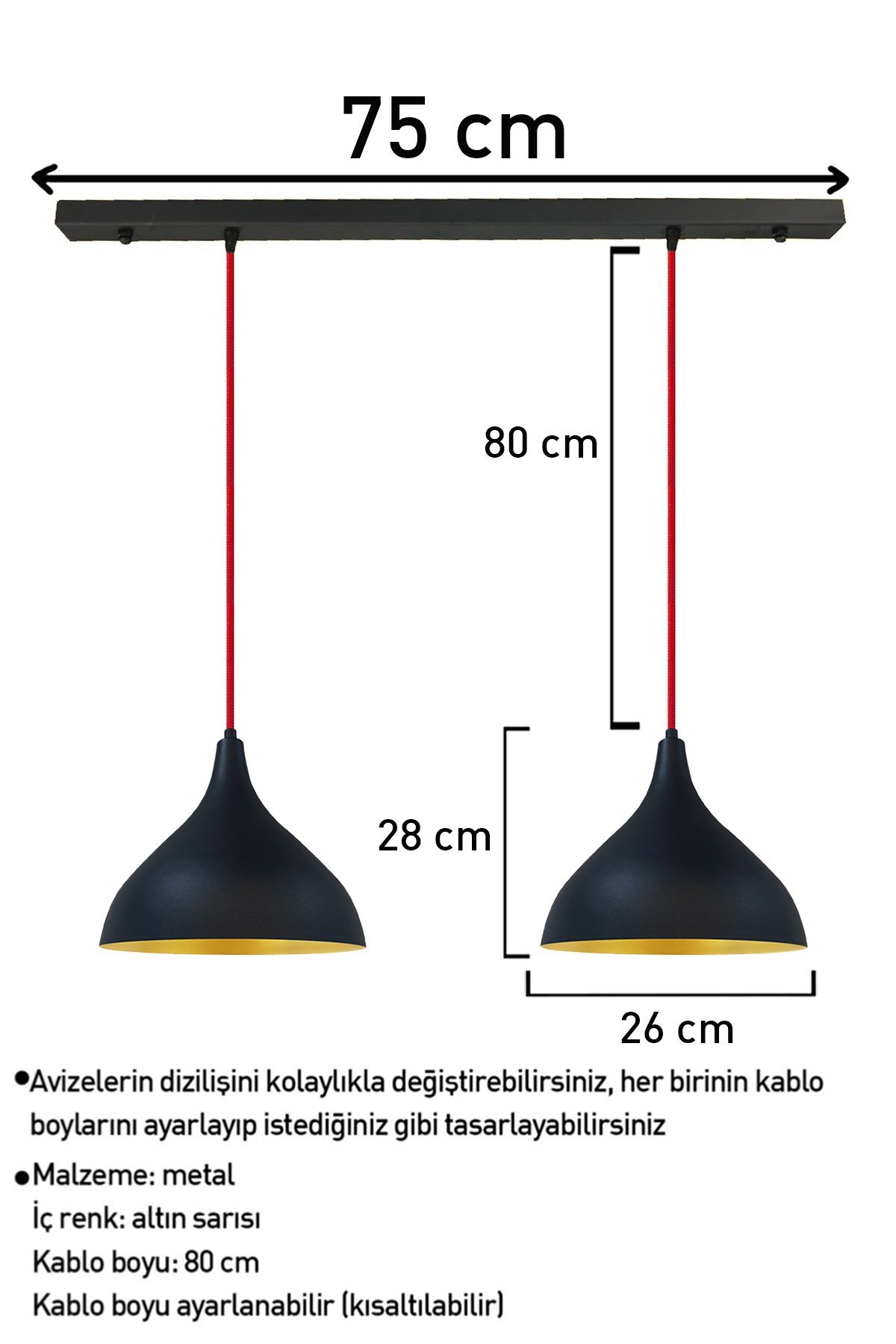Bamyum İkili Cakalı Uzun Siyah Avize Sarkıt Lamba Salon Masaüstü Mutfak Oturma Odası Otel Avizesi
