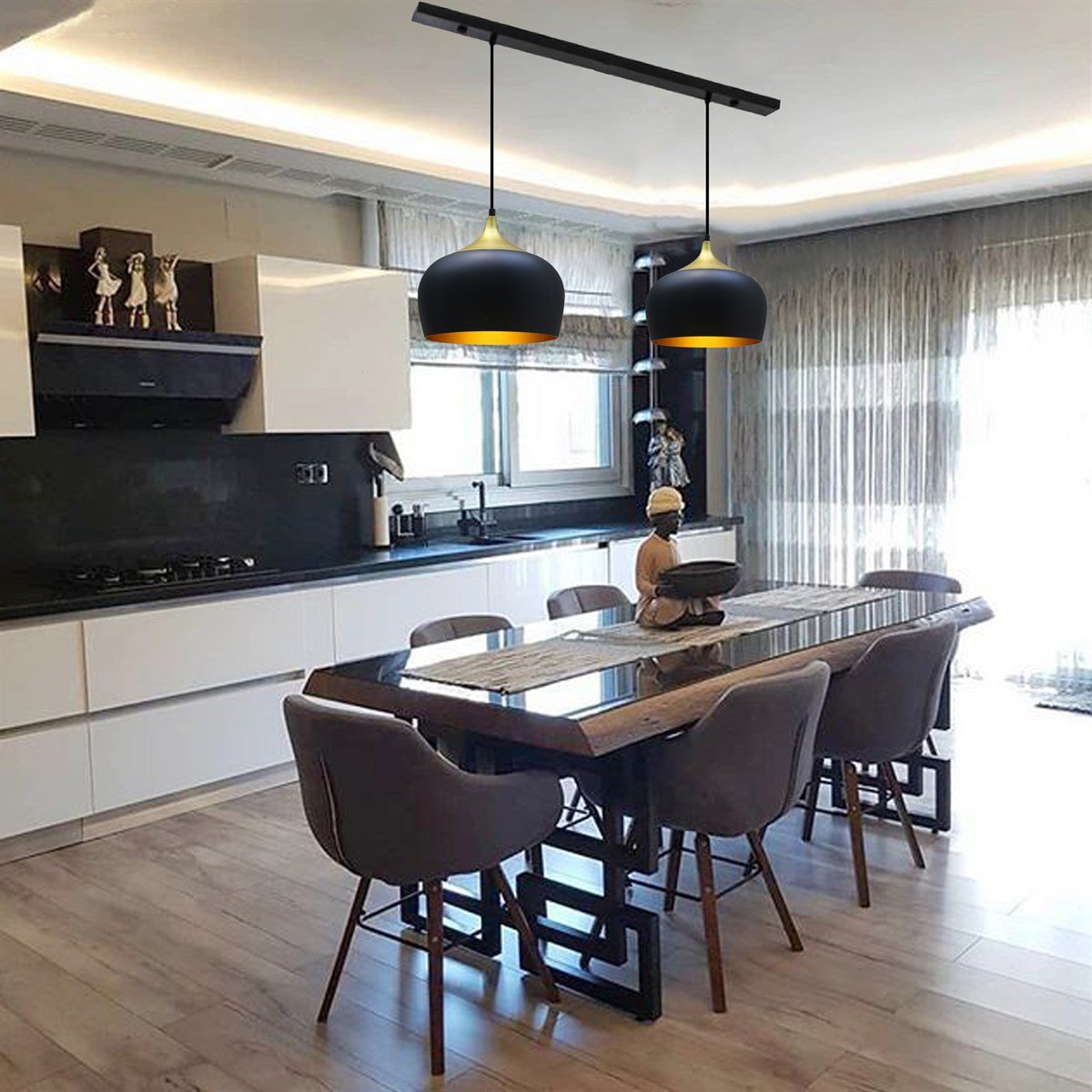 Bamyum İkili Geniş Çember Siyah Avize