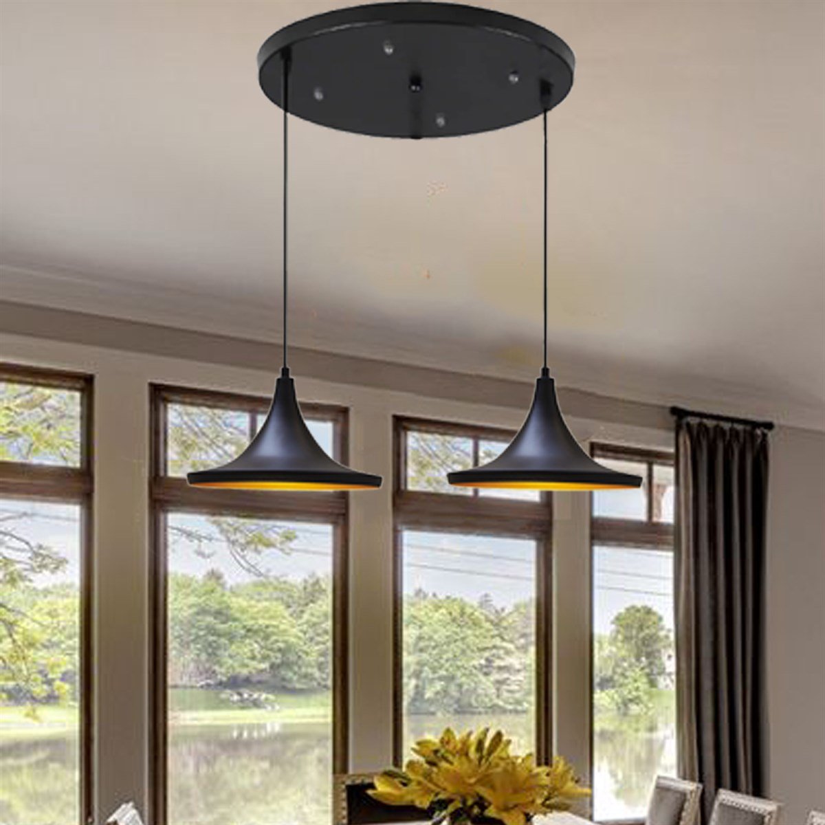 Bamyum İkili Geniş Circle Siyah Sarkıt Avize