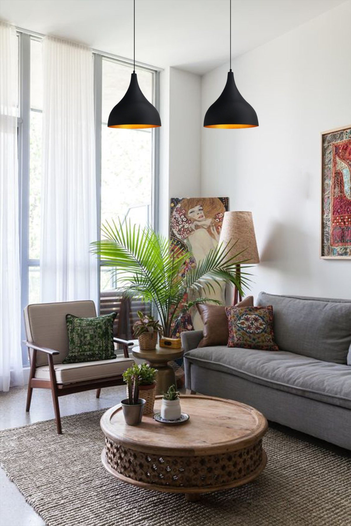 Bamyum İkili Uzun Circle Siyah Sarkıt Avize