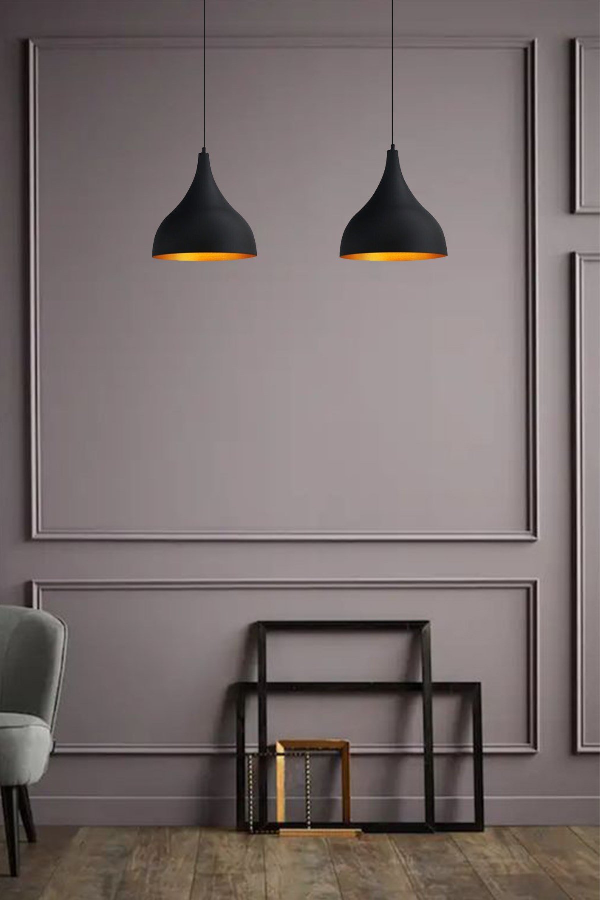 Bamyum İkili Uzun Circle Siyah Sarkıt Avize