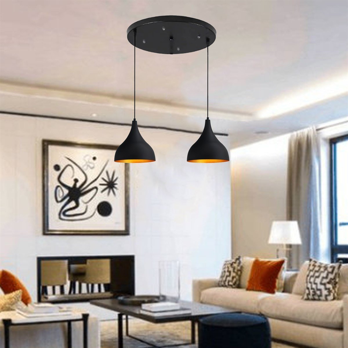 Bamyum İkili Uzun Circle Siyah Sarkıt Avize