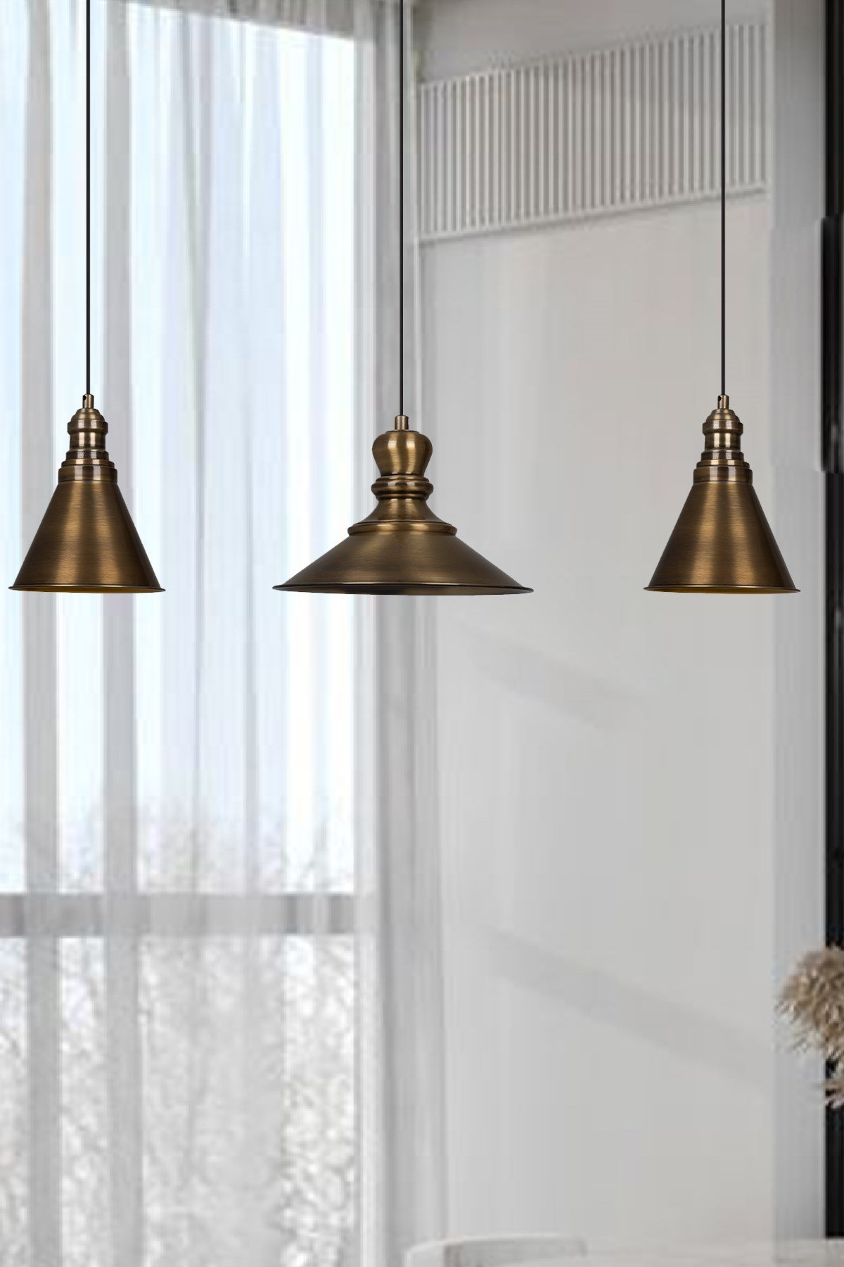 Bamyum Üçlü Lima Eskitme Rengi Metal Sarkıt Avize  Lamba Rustik Vintage Iç Mekan Ofis Cafe