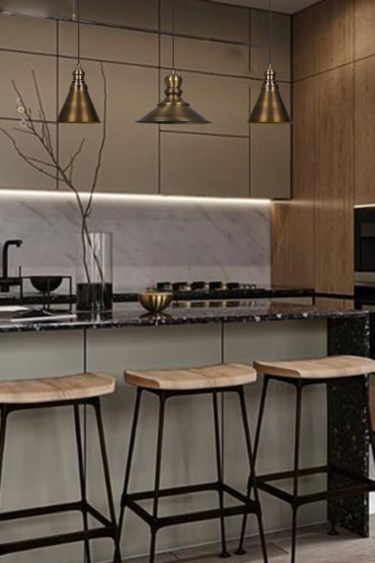 Bamyum Üçlü Lima Eskitme Rengi Metal Sarkıt Avize  Lamba Rustik Vintage Iç Mekan Ofis Cafe