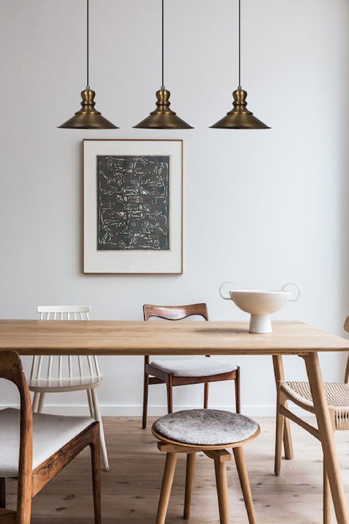 Bamyum Üçlü Nantes Eskitme Rengi Metal Sarkıt Avize  Lamba Rustik Vintage Iç Mekan Ofis Cafe