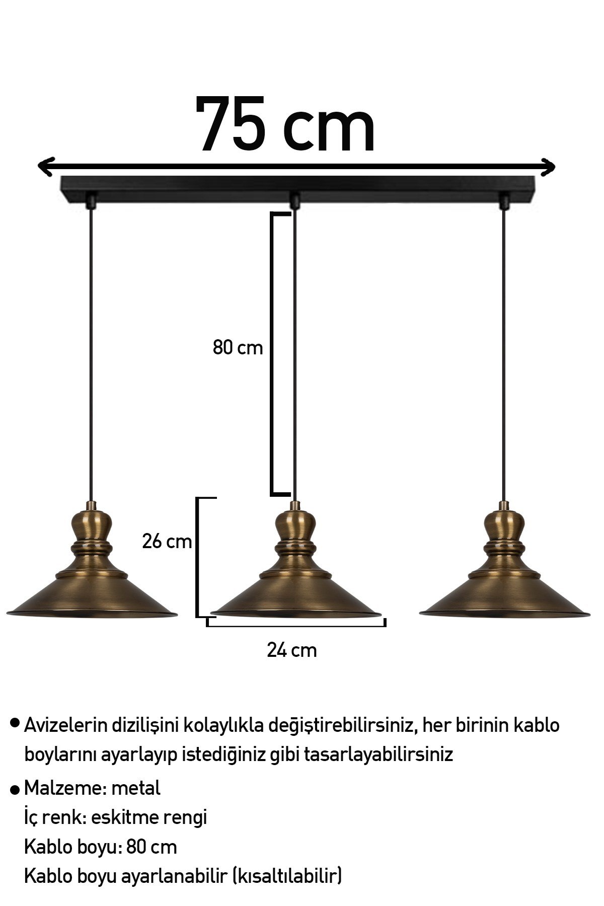 Bamyum Üçlü Nantes Eskitme Rengi Metal Sarkıt Avize  Lamba Rustik Vintage Iç Mekan Ofis Cafe