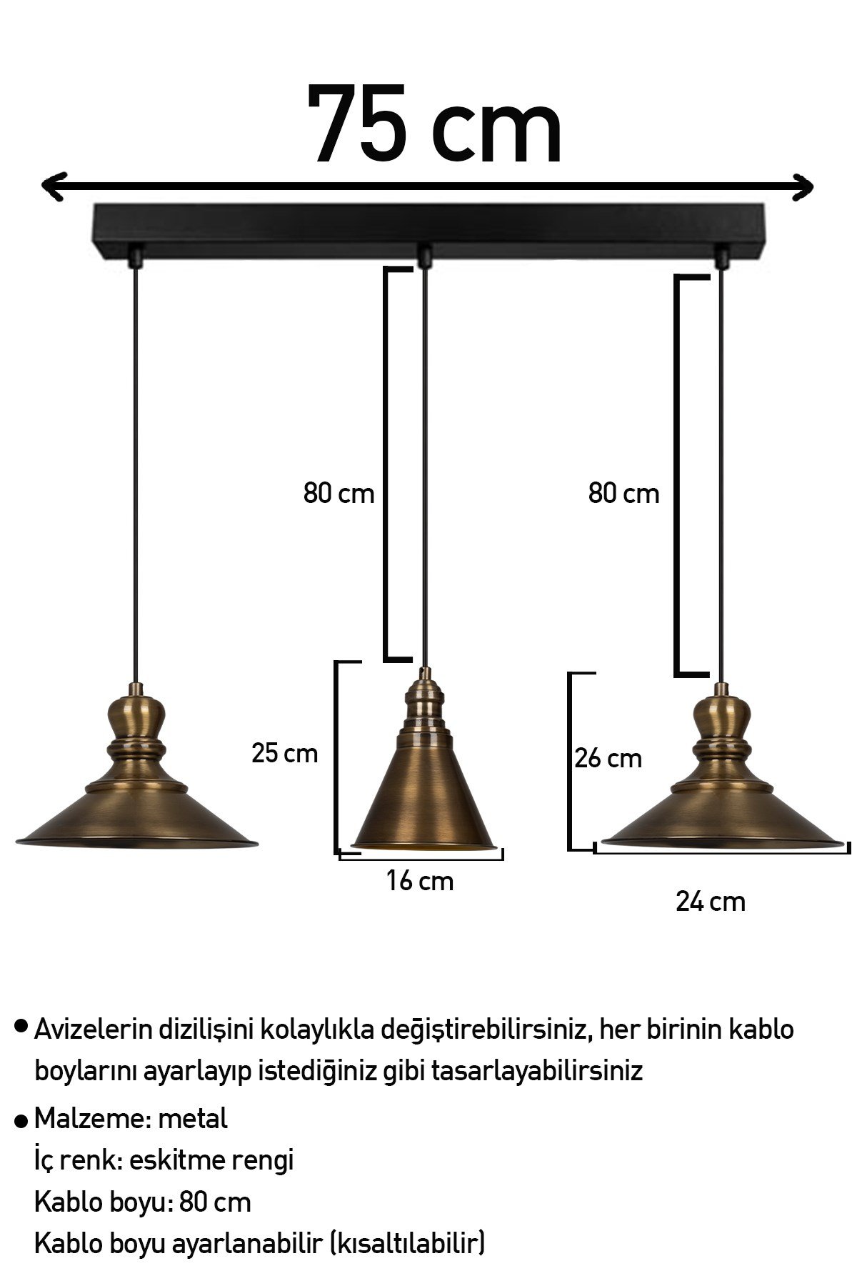 Bamyum Üçlü Rennes Eskitme Rengi Metal Sarkıt Avize  Lamba Rustik Vintage Iç Mekan Ofis Cafe
