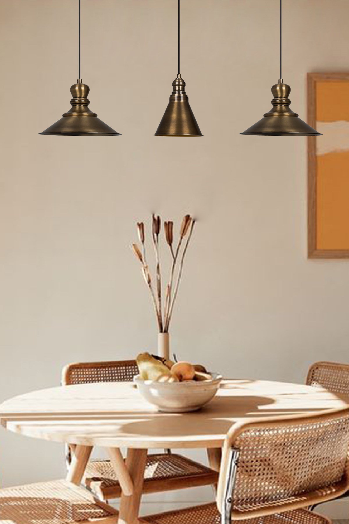 Bamyum Üçlü Rennes Eskitme Rengi Metal Sarkıt Avize  Lamba Rustik Vintage Iç Mekan Ofis Cafe