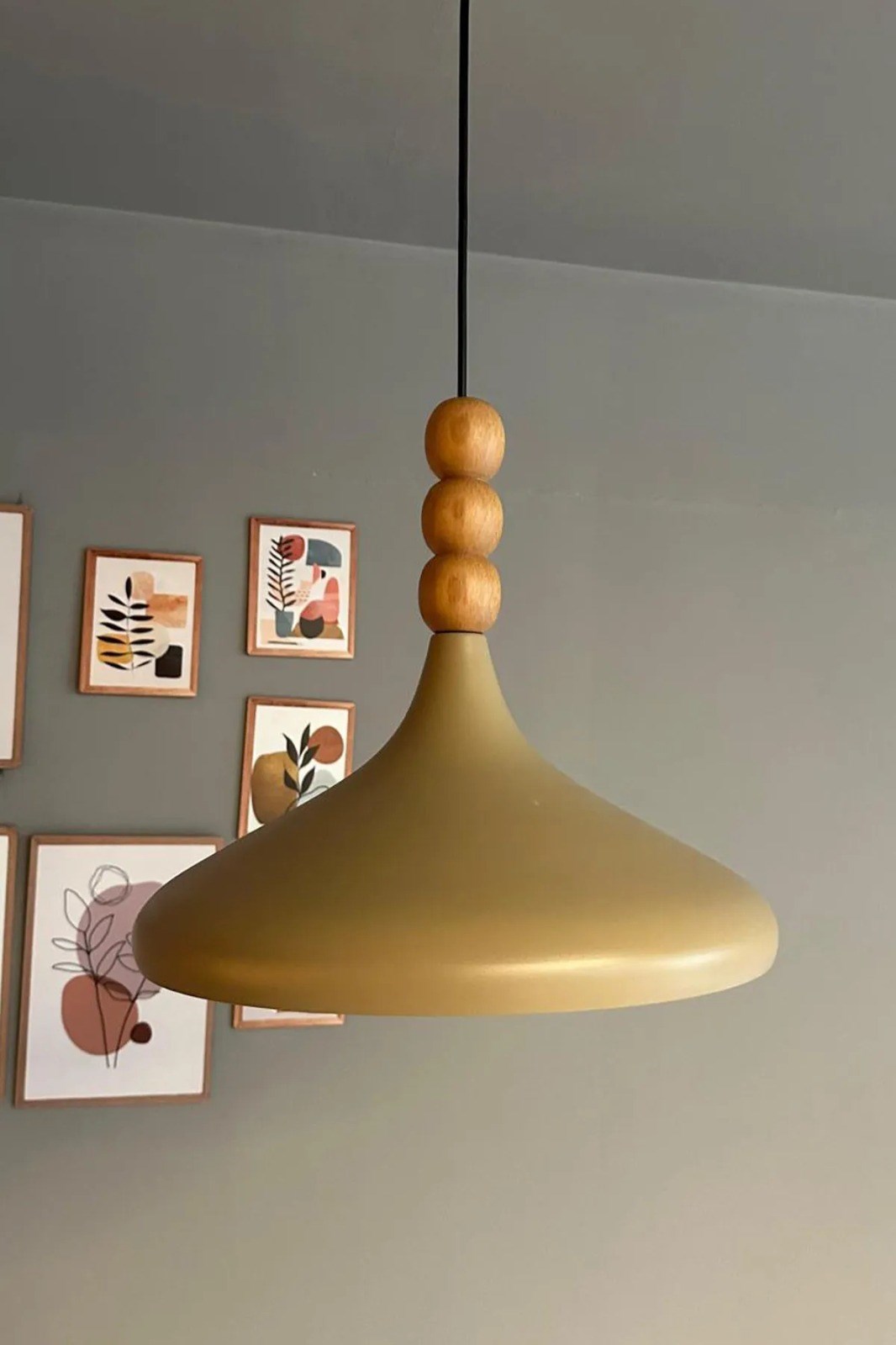 Bej Champion Ahşap Boncuklu Tekli Avize Sarkıt Salon Mutfak Butik Lamba Aydınlatma Avizeler