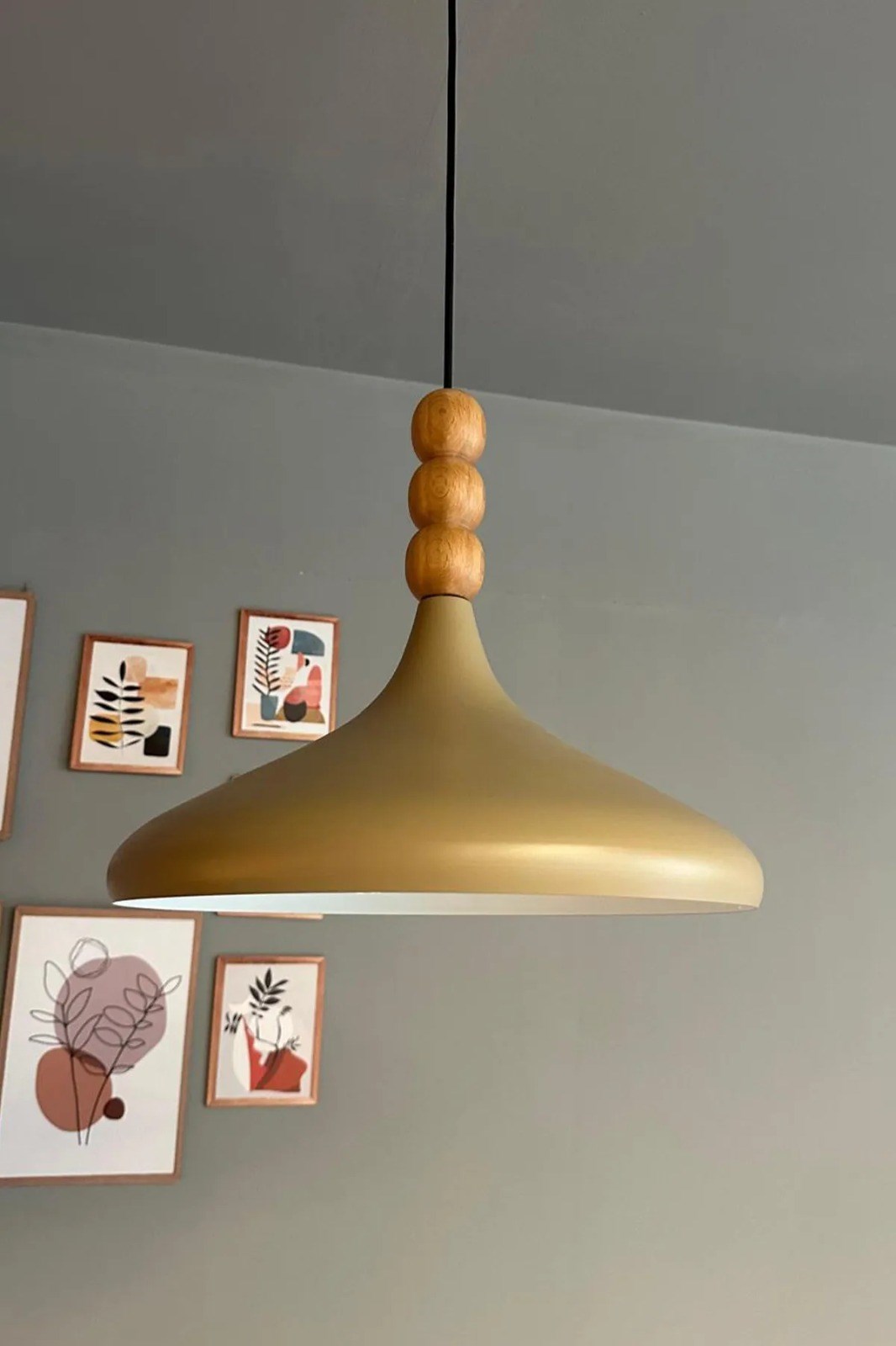 Bej Champion Ahşap Boncuklu Tekli Avize Sarkıt Salon Mutfak Butik Lamba Aydınlatma Avizeler