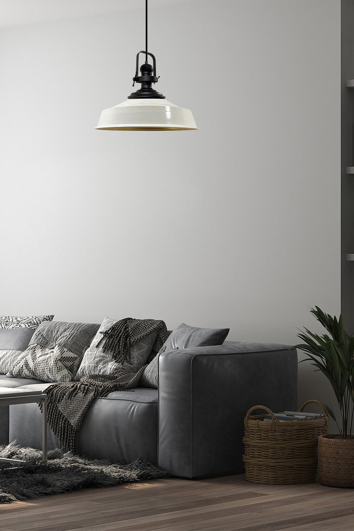 Beyaz Asaletli Tekli Avize Siyah Başlık Retro Sarkıt Lamba Restoran Cafe Salon Avizeleri