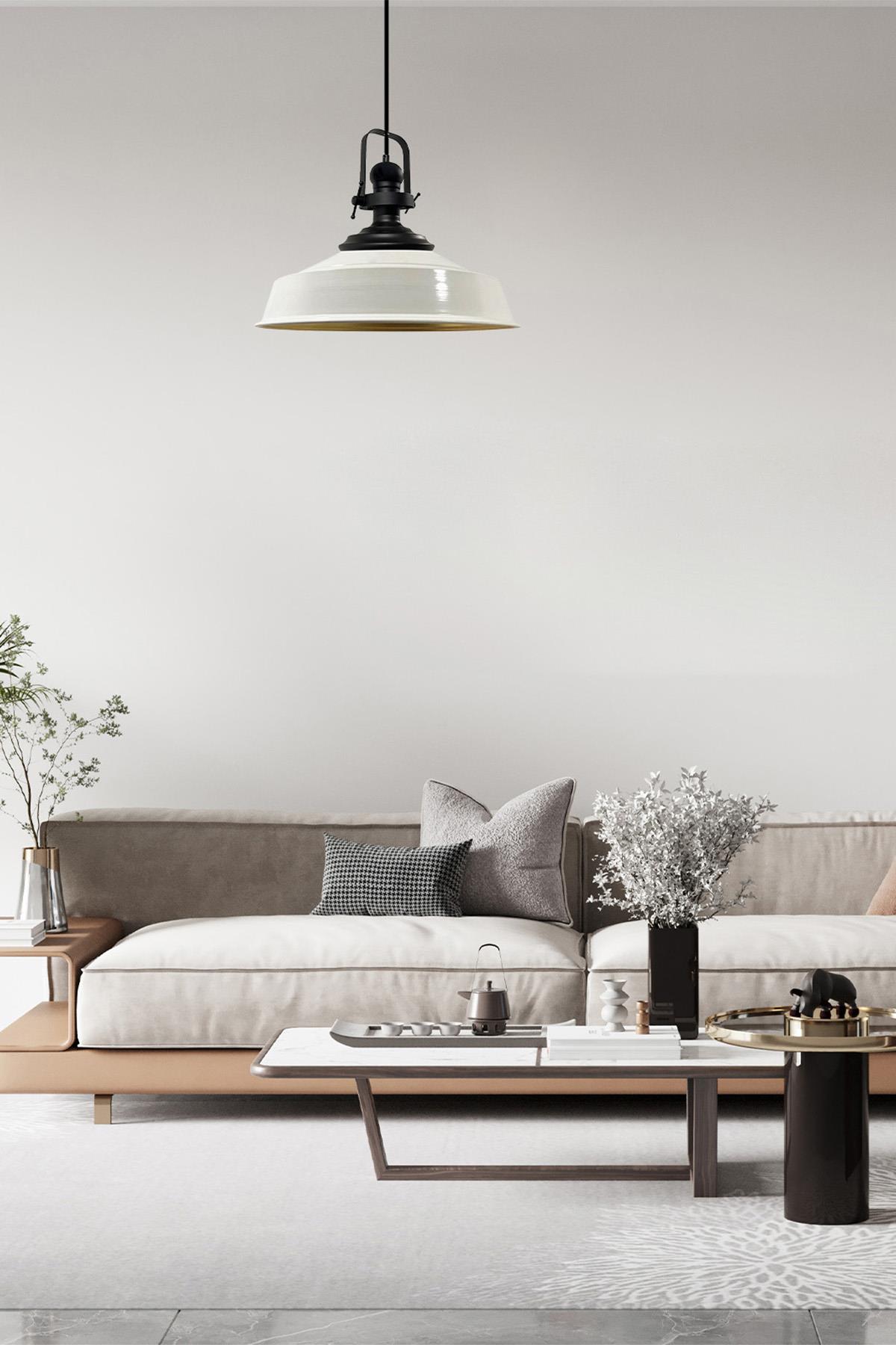 Beyaz Asaletli Tekli Avize Siyah Başlık Retro Sarkıt Lamba Restoran Cafe Salon Avizeleri