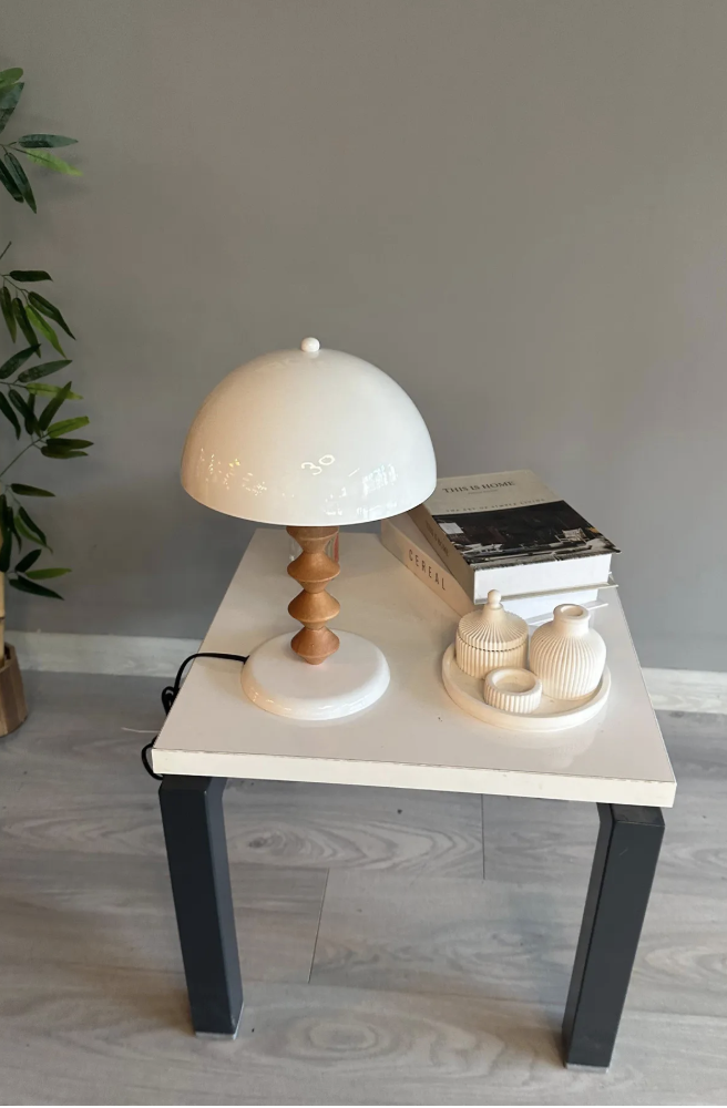 Beyaz Mantar Masa Lambası Q Ahşap Dekoratif Abajur Çocuk Odası Başucu Lambası Okuma Lambası
