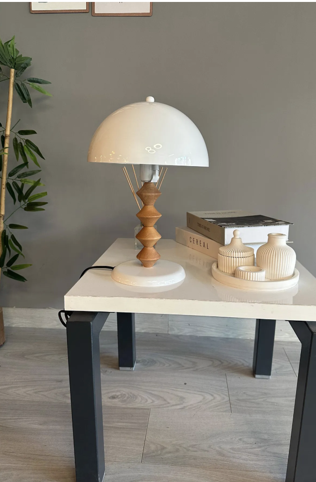 Beyaz Mantar Masa Lambası Q Ahşap Dekoratif Abajur Çocuk Odası Başucu Lambası Okuma Lambası