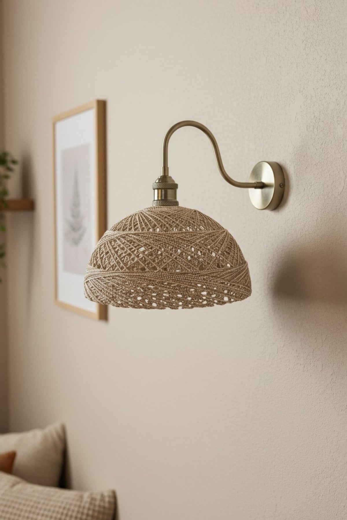 Bohem Bej Recycle İplik Jüt El Yapımı Metal Eskitme Gövde Aplik Duvar Lambası Modern Otel Cafe Vintage Salon Yatak Odası Merdiven Retro