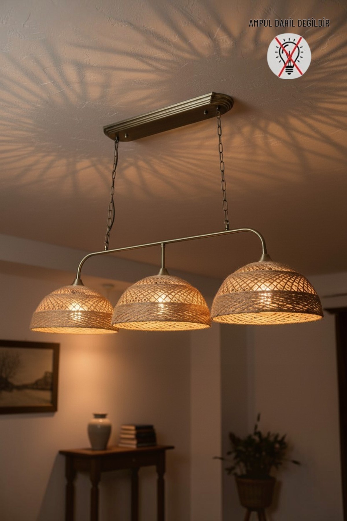 Bohem Sütlü Kahve Recycle İplik Jüt El Yapımı Brillar Üçlü Eskitme Metal Rustik E27 Salon Yemek Masası Sarkıt Avize