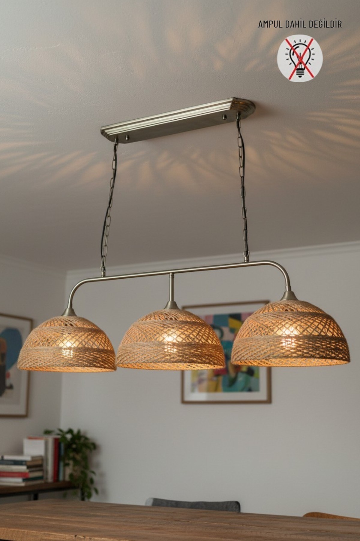 Bohem Sütlü Kahve Recycle İplik Jüt El Yapımı Brillar Üçlü Eskitme Metal Rustik E27 Salon Yemek Masası Sarkıt Avize