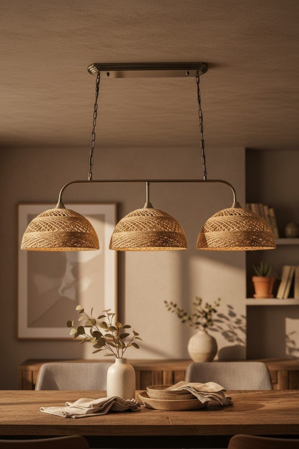 Bohem Sütlü Kahve Recycle İplik Jüt El Yapımı Brillar Üçlü Eskitme Metal Rustik E27 Salon Yemek Masası Sarkıt Avize