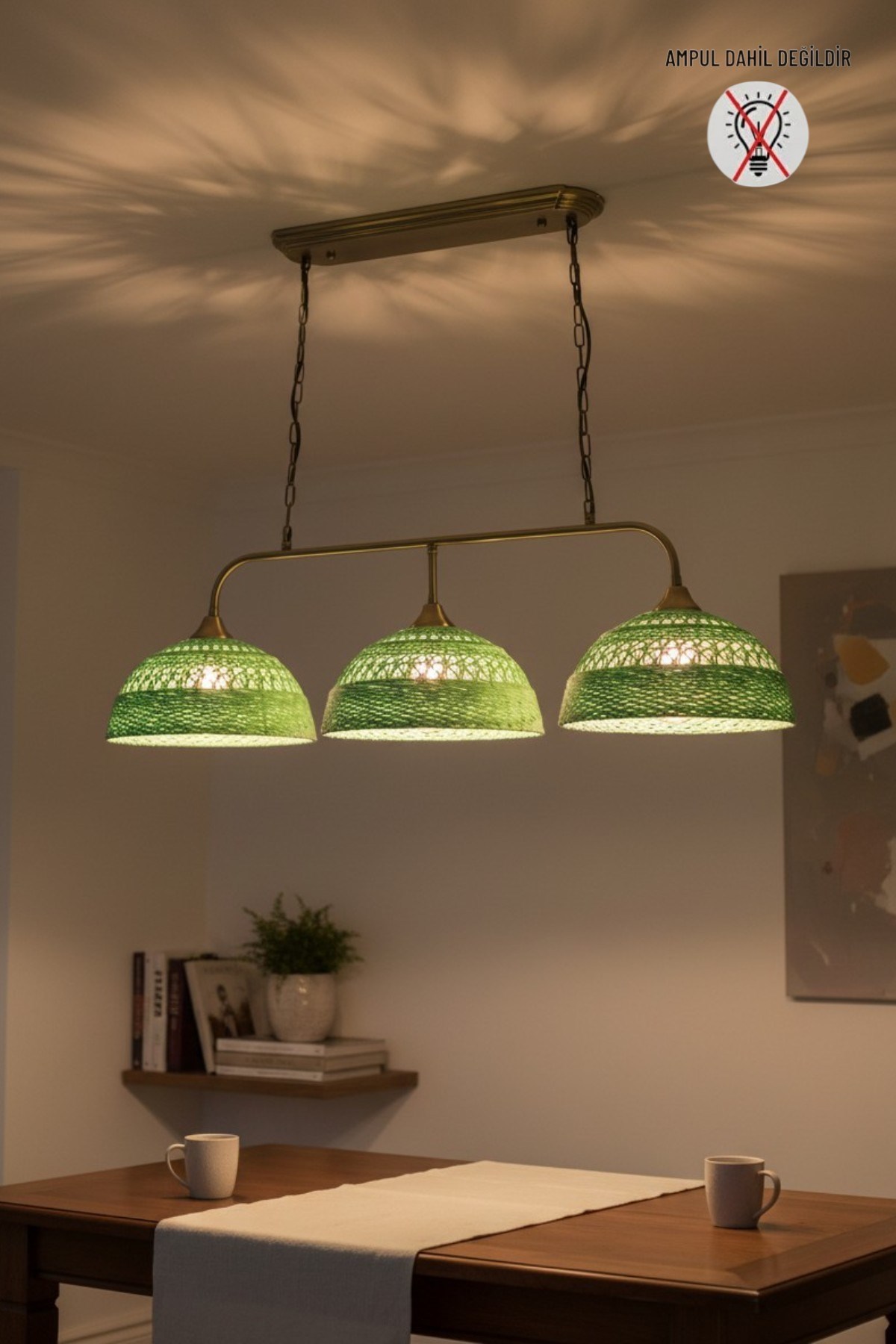 Bohem Yeşil Recycle İplik Jüt El Yapımı Brillar Üçlü Eskitme Metal Rustik E27 Salon Yemek Masası Sarkıt Avize