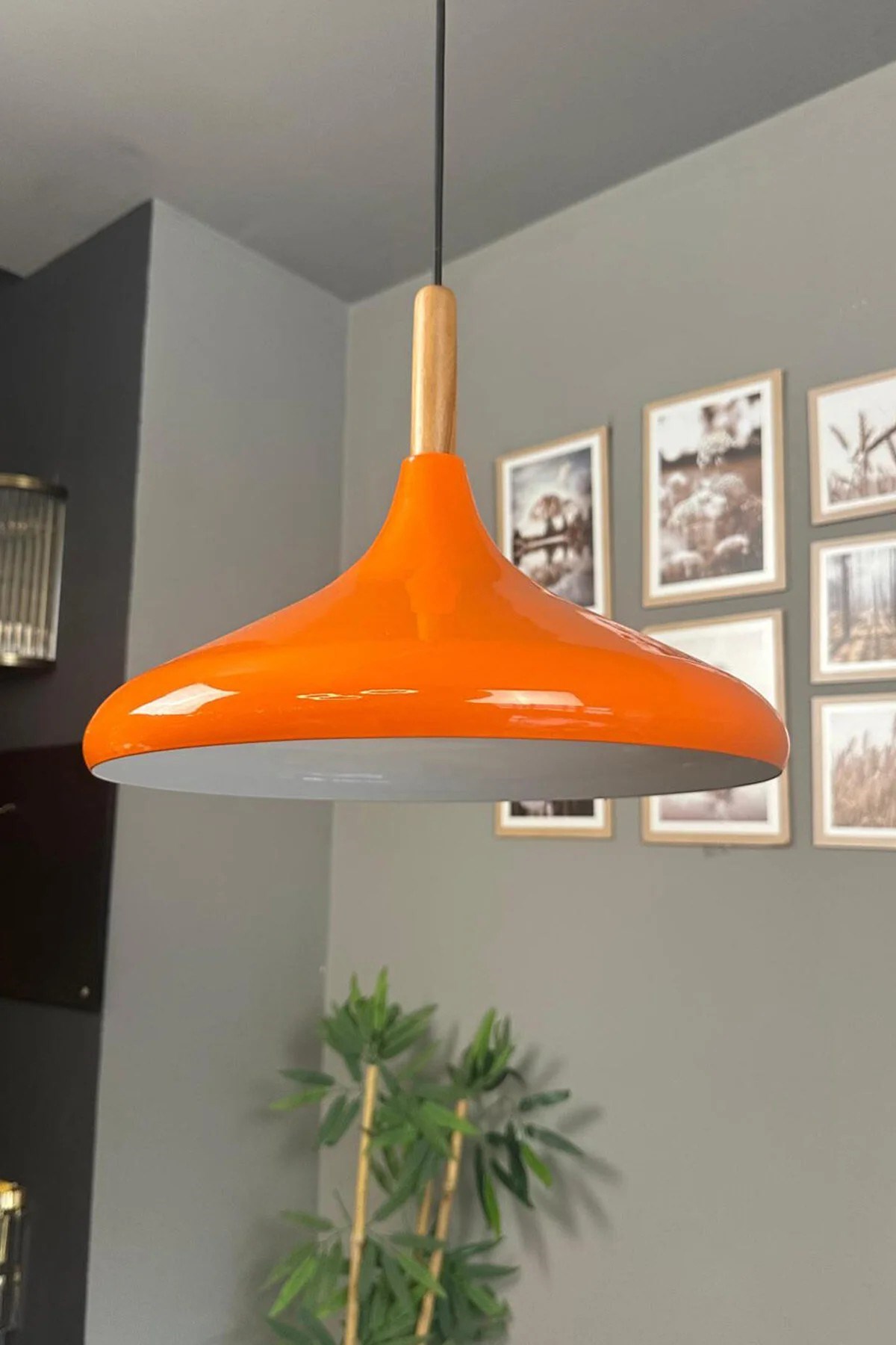 Champion Parlak Turuncu Ahşap Tekli Avize Sarkıt Salon Mutfak Cafe Butik Lamba Aydınlatma Avizeler
