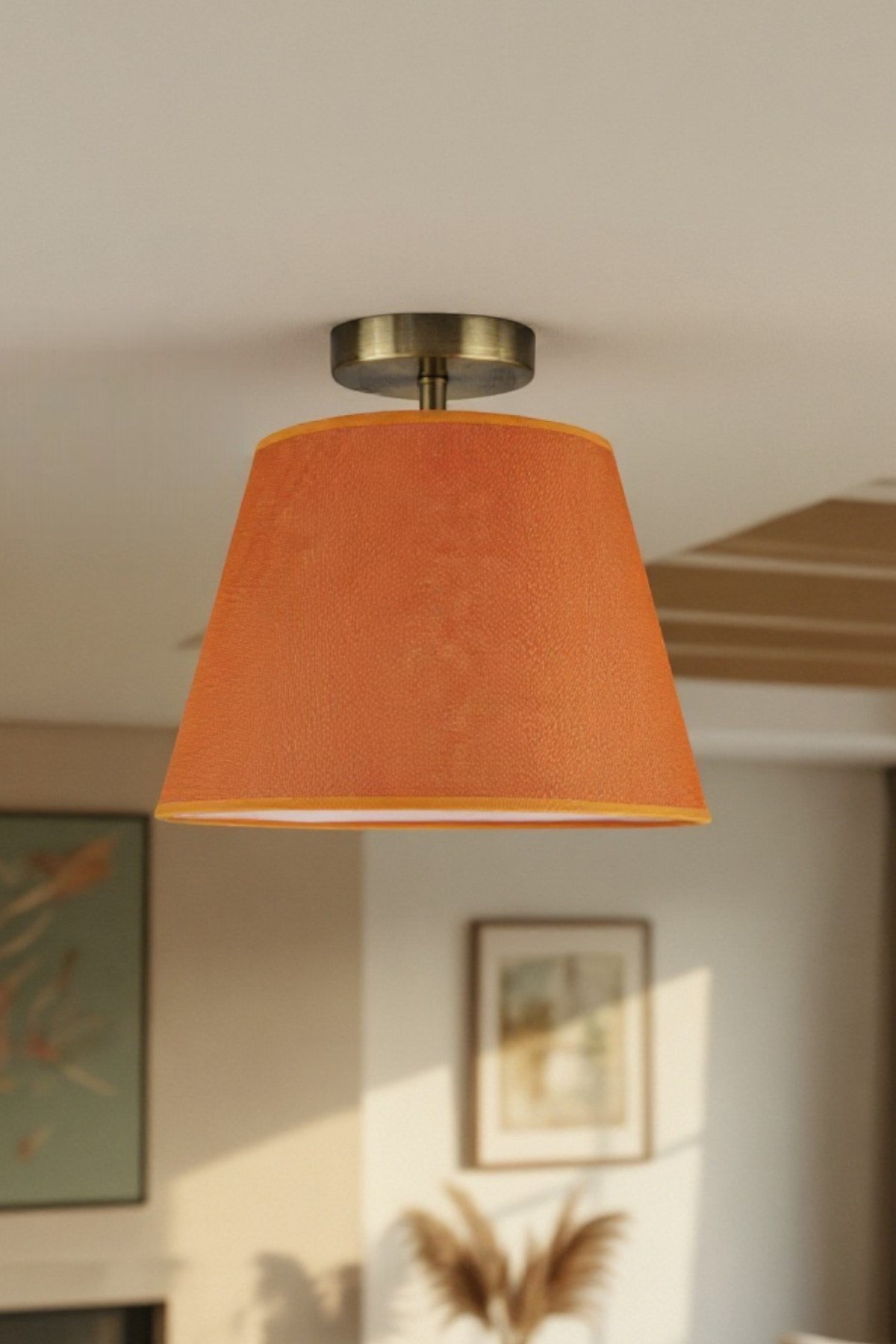 Cotella Turuncu Kumaş Dokulu Tekli Piramit Plafonyer Başlık Retro Salon Aydınlatma