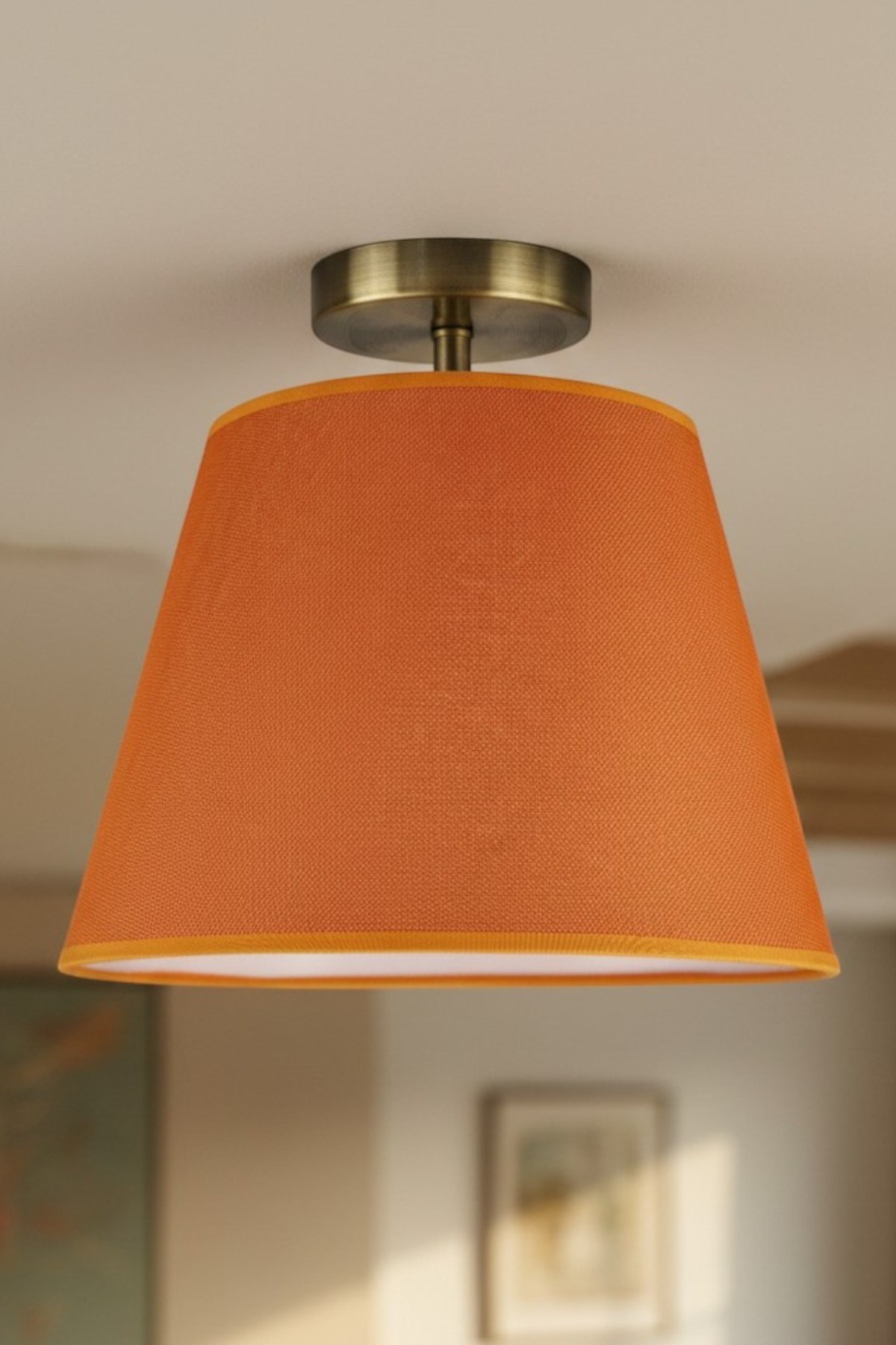 Cotella Turuncu Kumaş Dokulu Tekli Piramit Plafonyer Başlık Retro Salon Aydınlatma