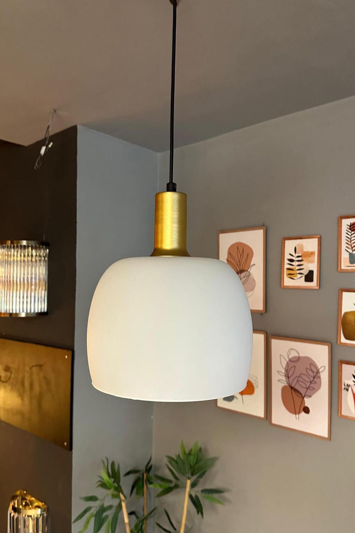 Dijon Beyaz Cam Sarkıt Avize Gold Fener Başlık Salon Mutfak Avizeleri Pastane Modelleri