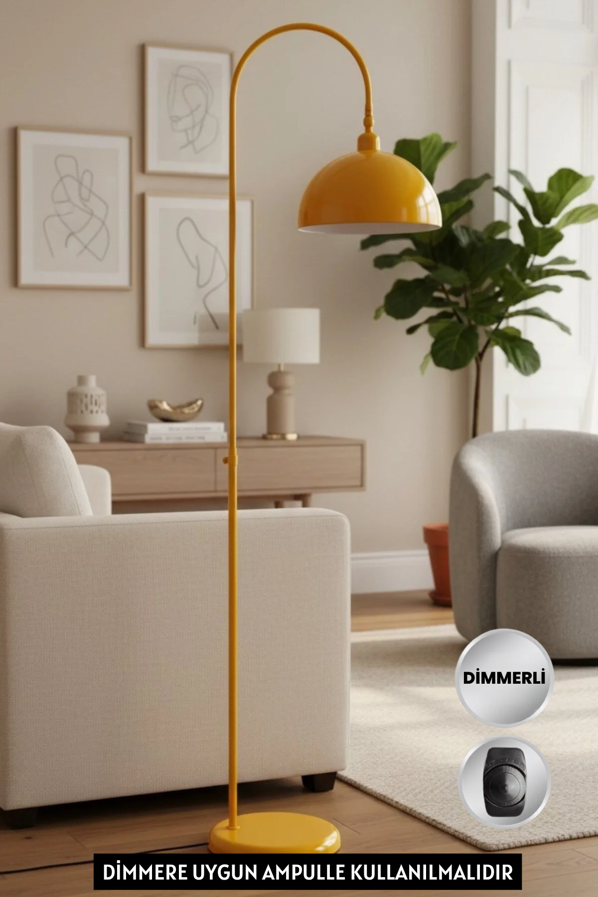 Dimmerli Işığı Ayarlanabilen Işığı Artırılıp Azaltılabilen Sarı Hareketli Başlık Metal Lambader