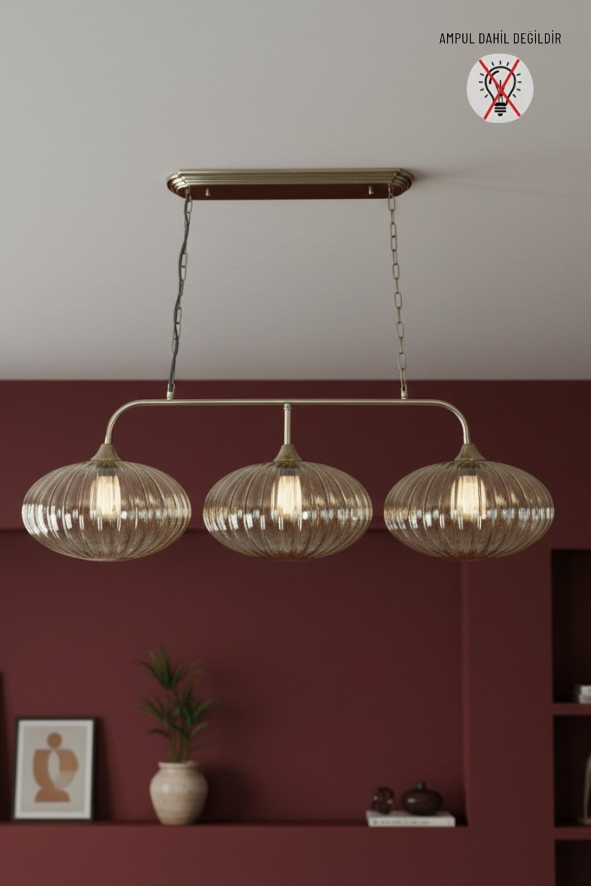 Elegant Bal Cam Brillar Üçlü Eskitme Metal Rustik E27 Salon Yemek Masası Sarkıt Avize