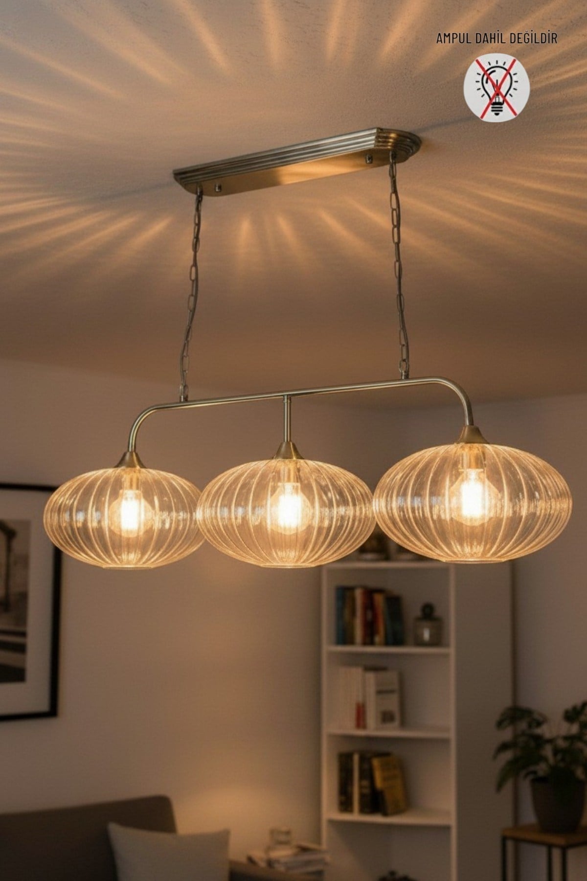 Elegant Bal Cam Brillar Üçlü Eskitme Metal Rustik E27 Salon Yemek Masası Sarkıt Avize