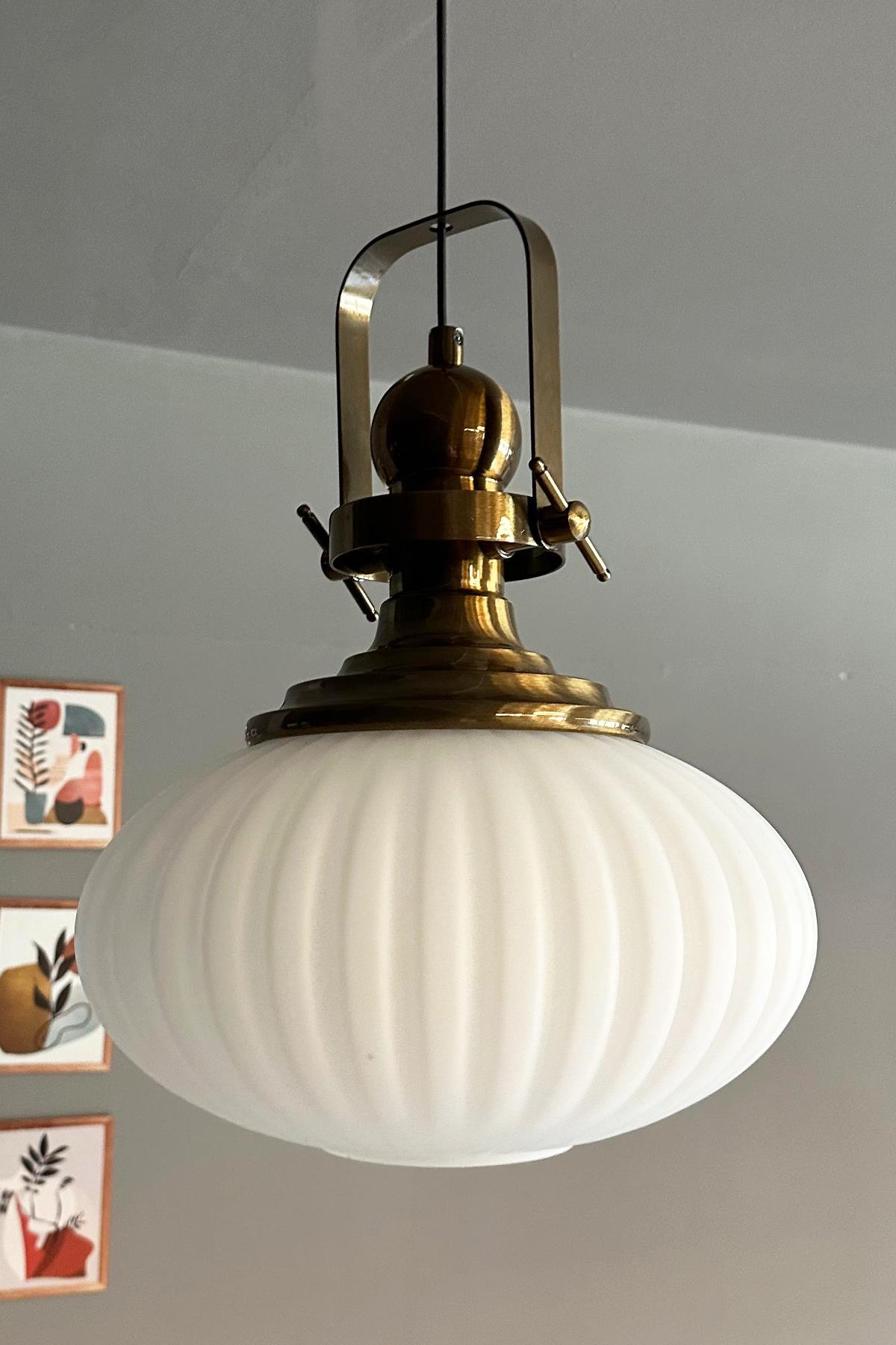 Elegant Beyaz Cam Tekli Avize Eskitme Başlık Retro Sarkıt Lamba Restoran Salon Aydınlatma