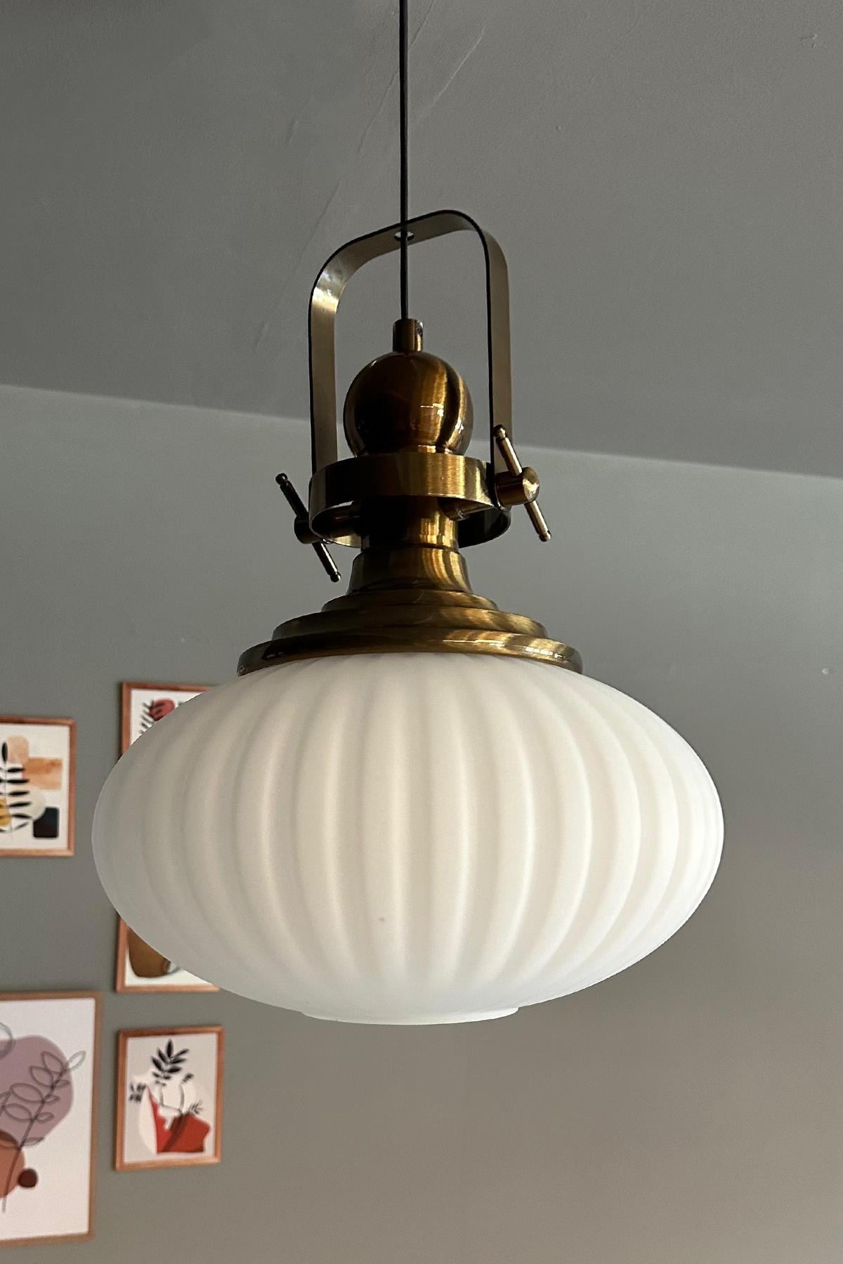 Elegant Beyaz Cam Tekli Avize Eskitme Başlık Retro Sarkıt Lamba Restoran Salon Aydınlatma