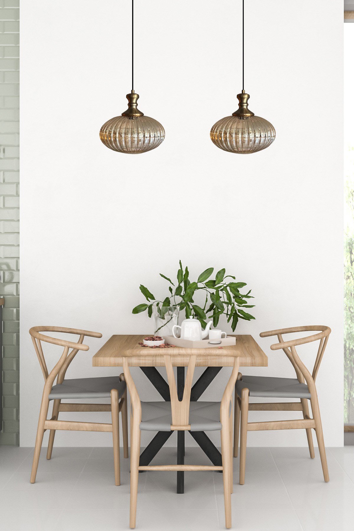 Elegant Cam Bal Rengi İkili Avize Eskitme Tokmak Başlık Sarkıt Lamba Restoran Salon Aydınlatma