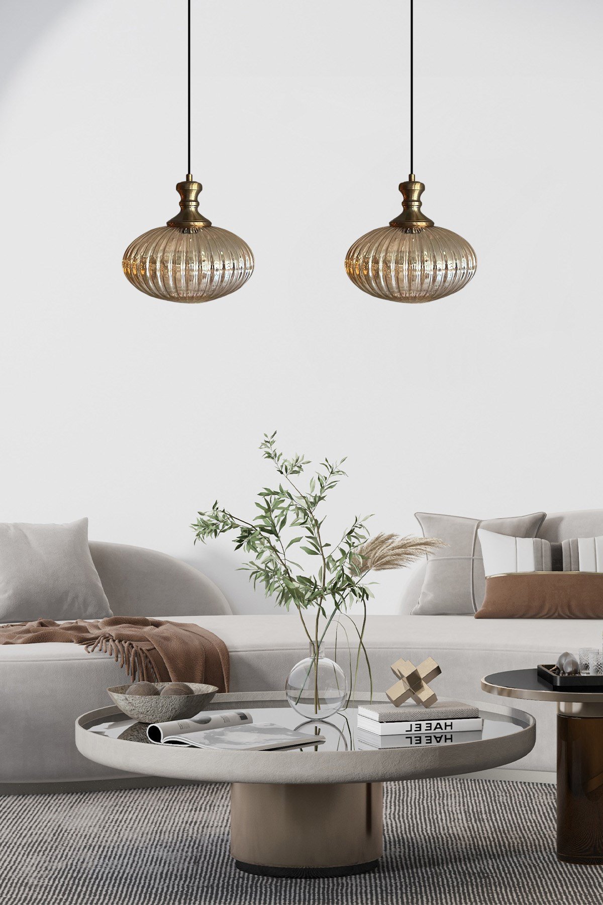 Elegant Cam Bal Rengi İkili Avize Eskitme Tokmak Başlık Sarkıt Lamba Restoran Salon Aydınlatma
