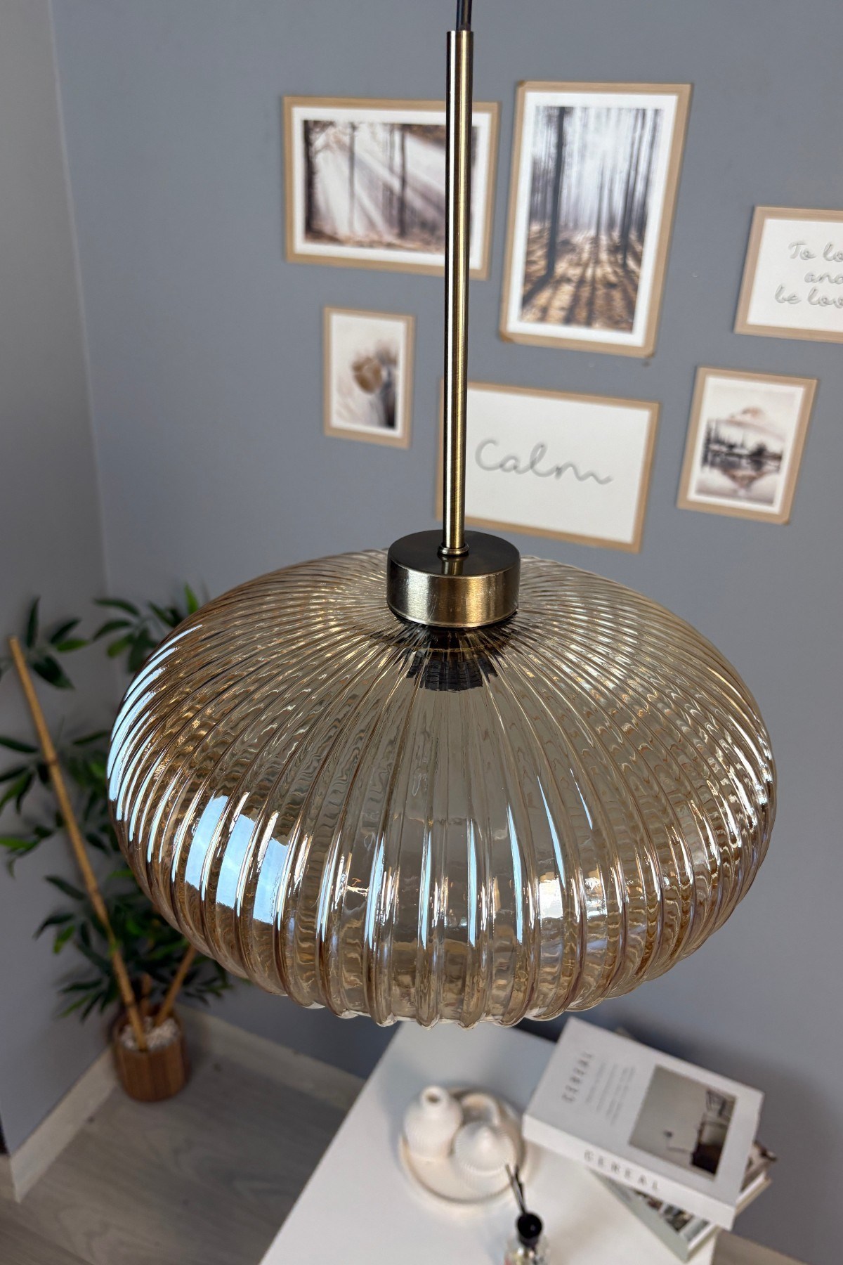 Elegant Cam Bal Rengi Tekli Avize İnce Eskitme Başlık Sarkıt Lamba Restoran Salon Aydınlatma