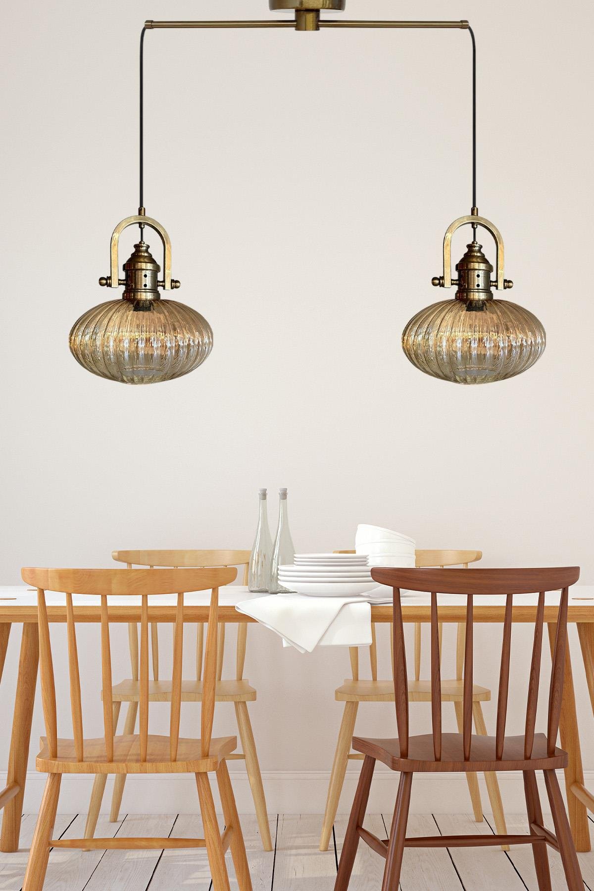 Elegant Cam Bal Rengi Üçlü Avize Gemici Eskitme Başlık Sarkıt Lamba Restoran Salon Aydınlatma