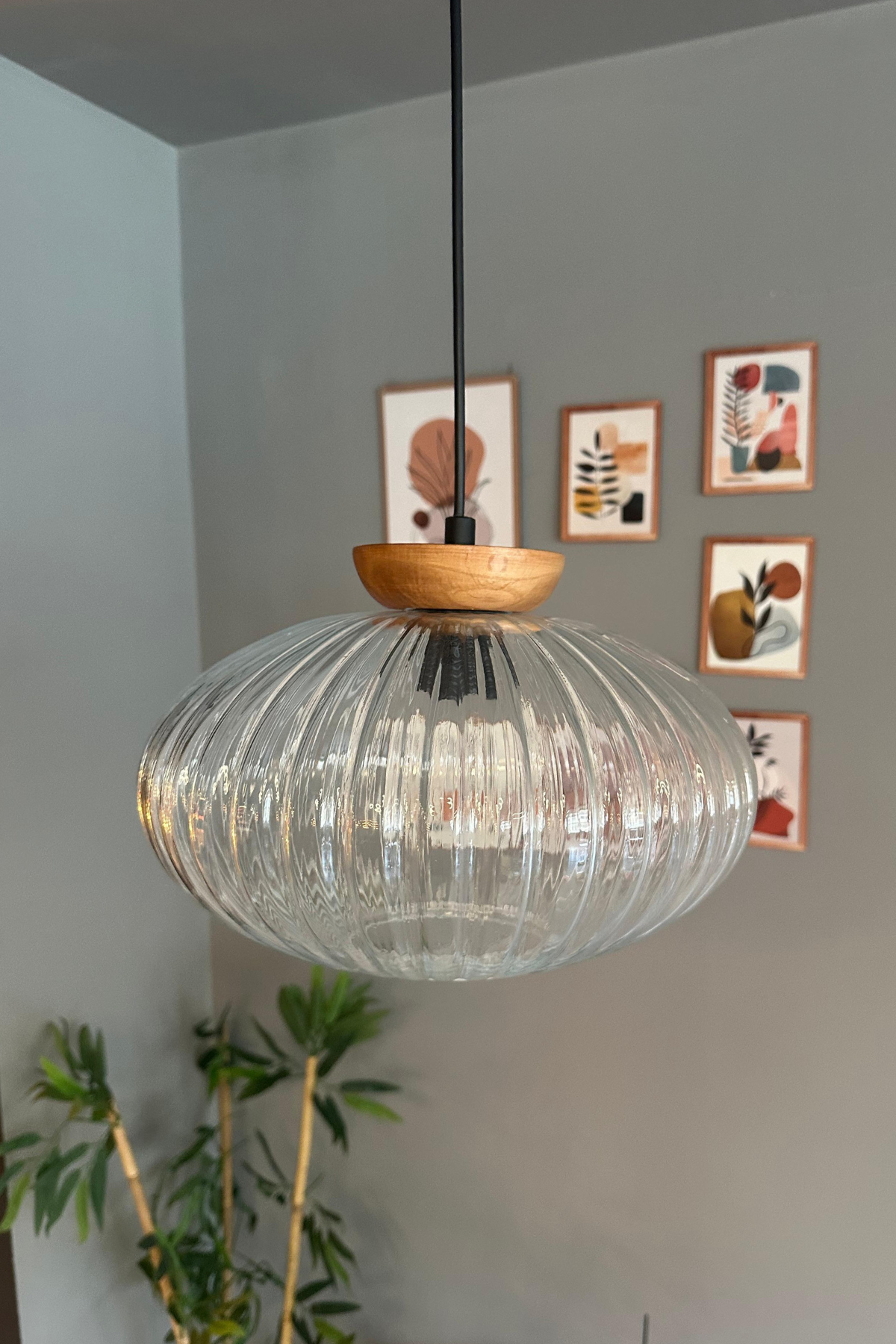 Elegant Cam Şeffaf Avize Ahşap Tabak Başlık Sarkıt Lamba Restoran Salon Aydınlatma