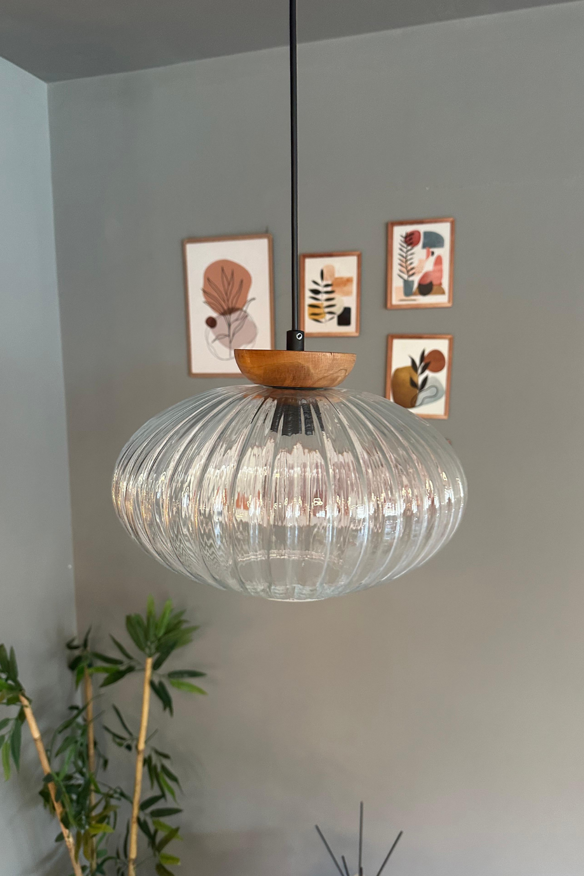 Elegant Cam Şeffaf Avize Ahşap Tabak Başlık Sarkıt Lamba Restoran Salon Aydınlatma