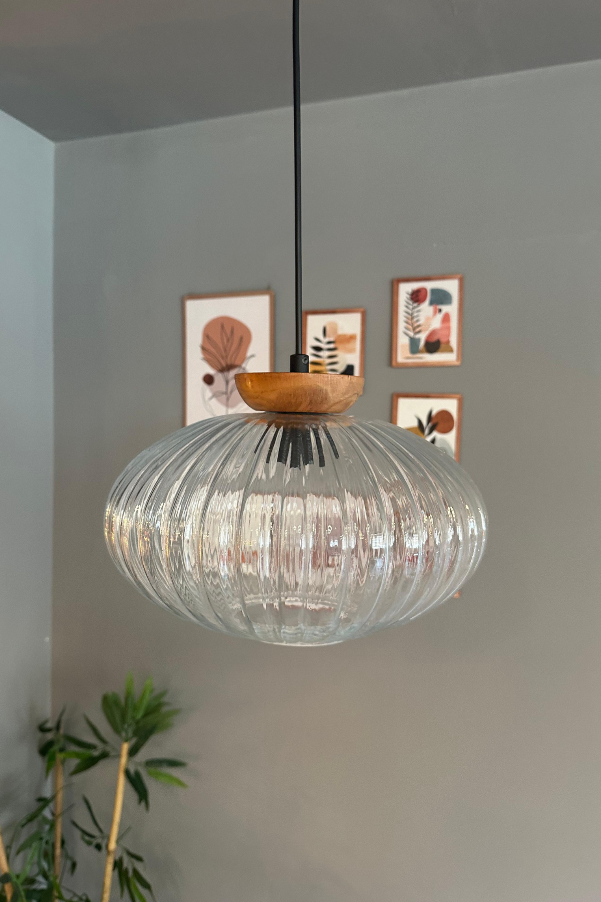 Elegant Cam Şeffaf Avize Ahşap Tabak Başlık Sarkıt Lamba Restoran Salon Aydınlatma