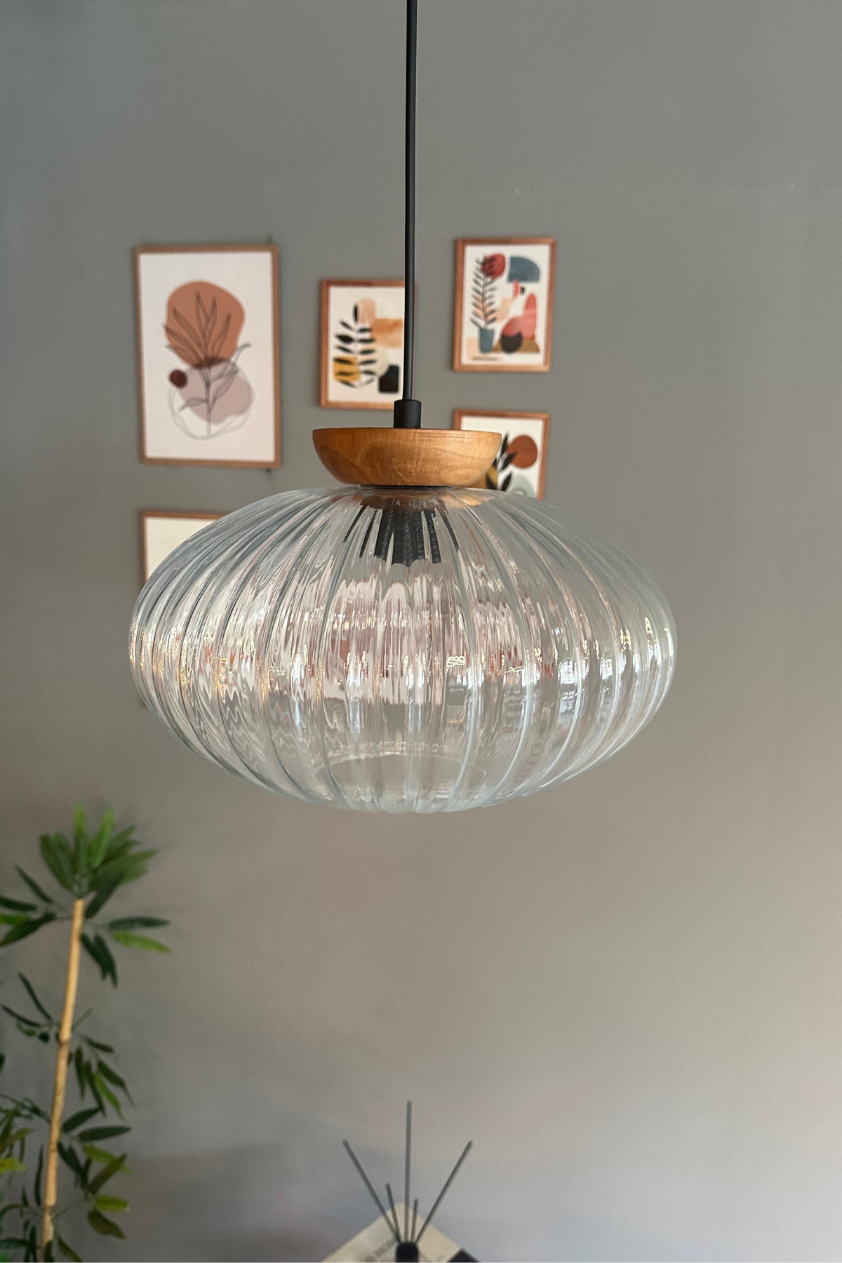 Elegant Cam Şeffaf Avize Ahşap Tabak Başlık Sarkıt Lamba Restoran Salon Aydınlatma