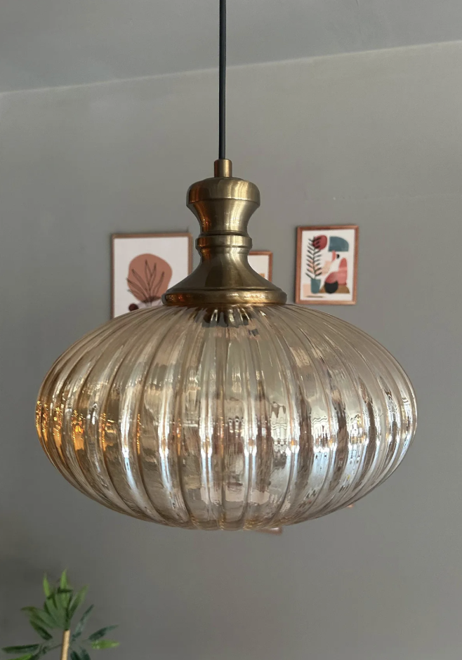Elegant Cam Tekli Bal Rengi Avize Eskitme Knob Başlık Sarkıt Lamba Restoran Salon Aydınlatma