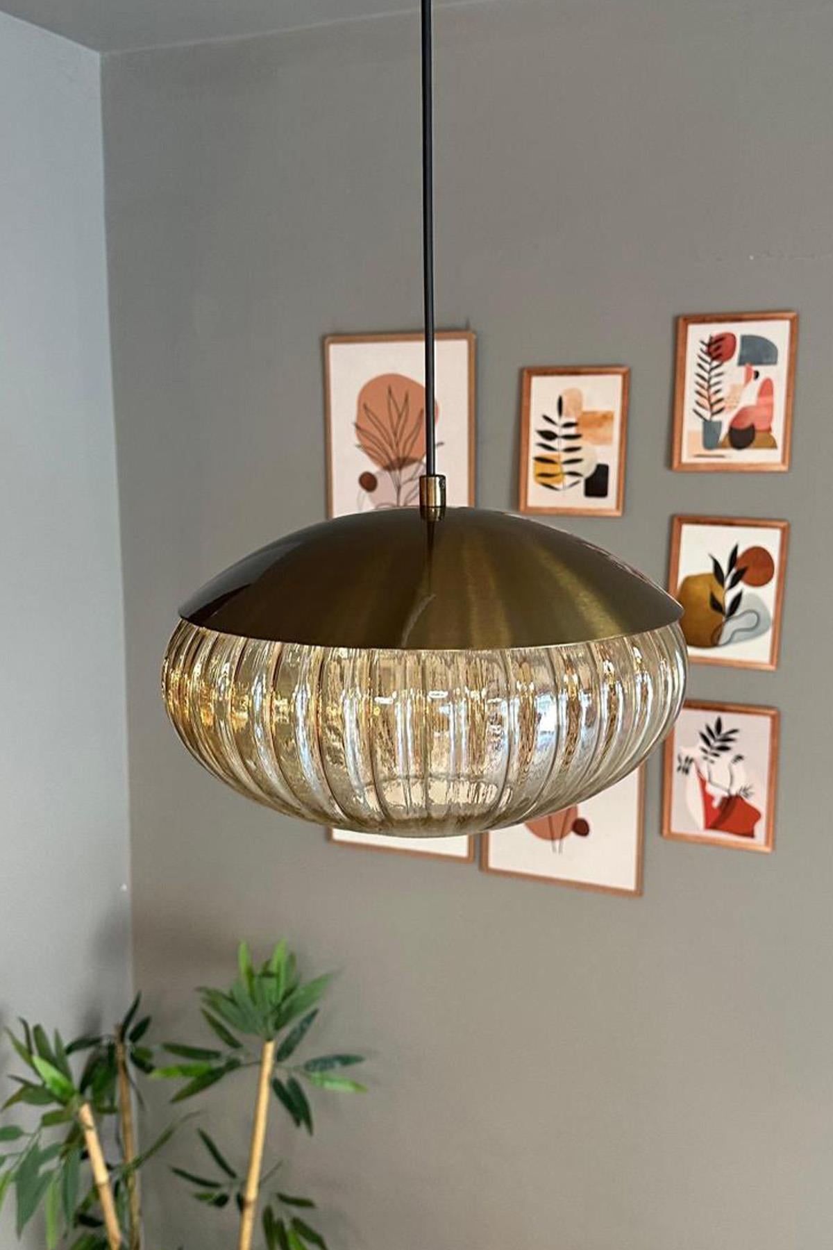 Elegant Cam Tekli Bal Rengi Avize Eskitme Şapkalı Başlık Sarkıt Lamba Restoran Salon Aydınlatma