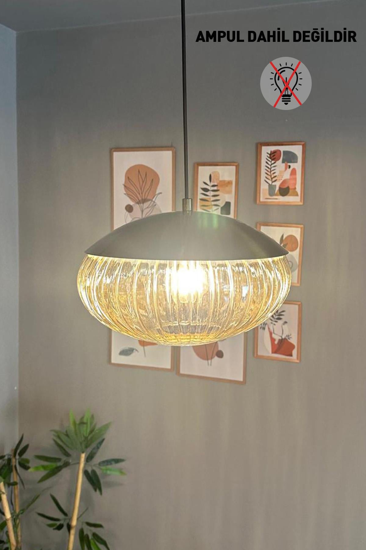 Elegant Cam Tekli Bal Rengi Avize Eskitme Şapkalı Başlık Sarkıt Lamba Restoran Salon Aydınlatma