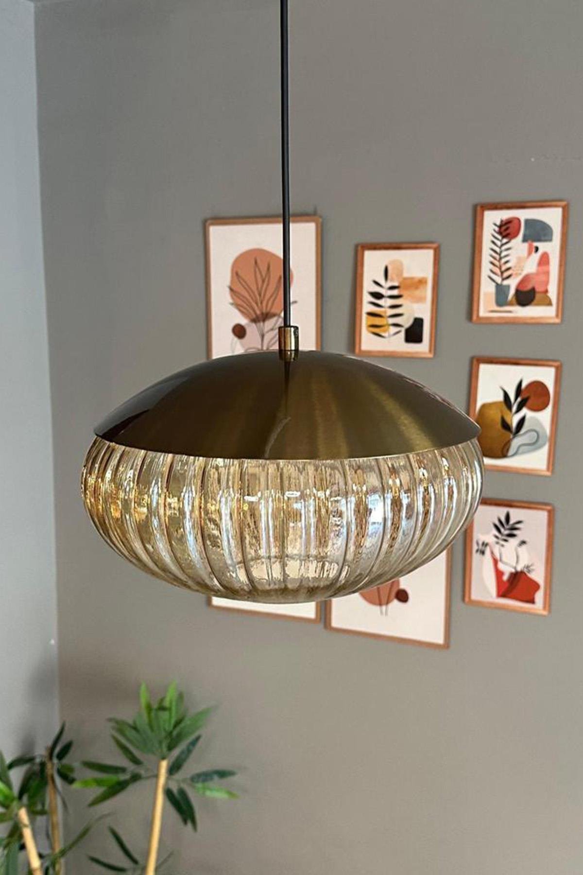 Elegant Cam Tekli Bal Rengi Avize Eskitme Şapkalı Başlık Sarkıt Lamba Restoran Salon Aydınlatma