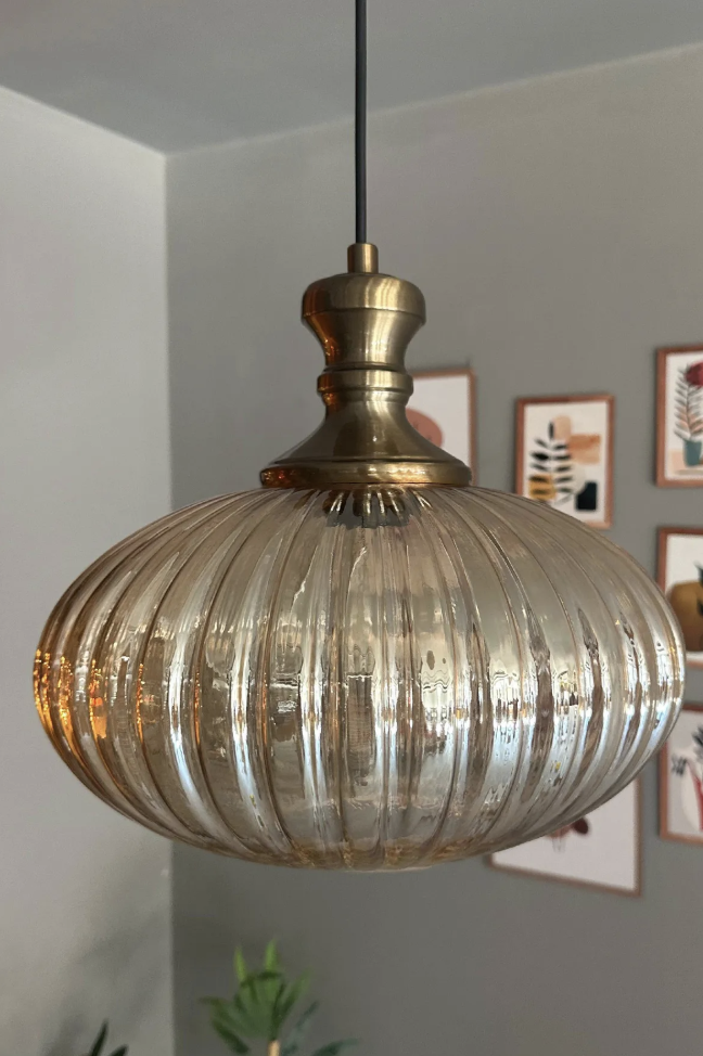 Elegant Cam Tekli Bal Rengi Avize Eskitme Knob Başlık Sarkıt Lamba Restoran Salon Aydınlatma