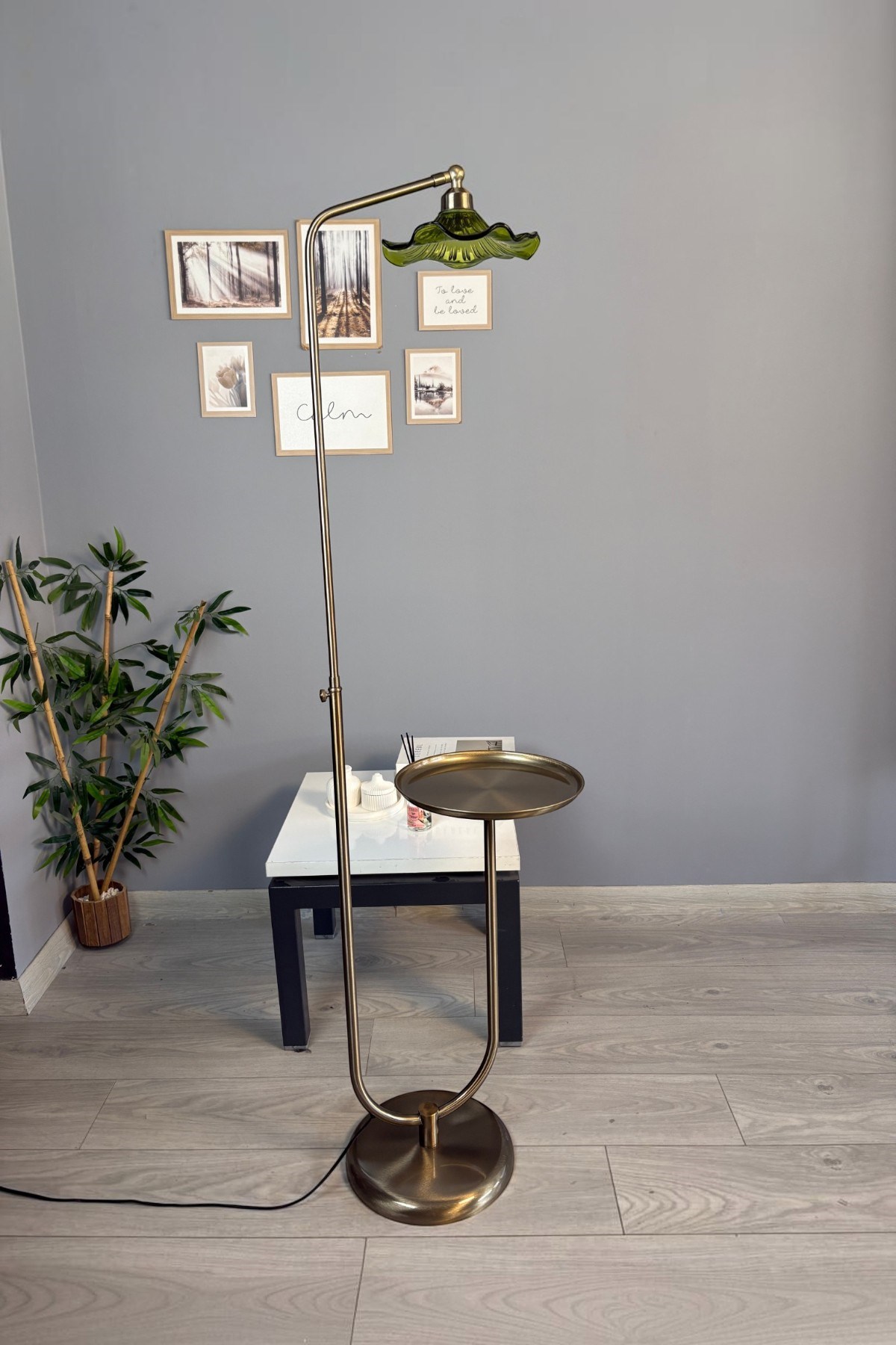 Flora Yeşil Cam Lambader Modern Dekoratif Metal Oturma Odası Zemin Lambası