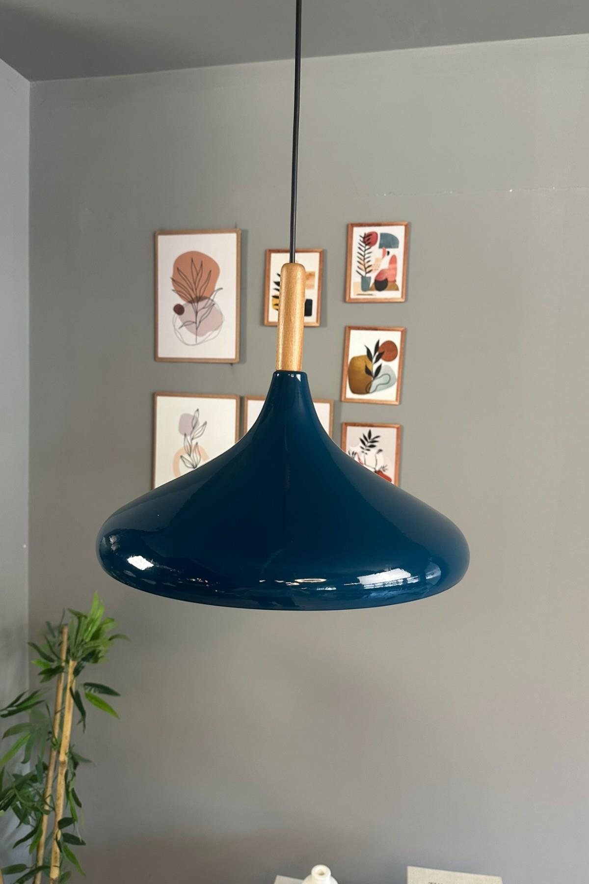 Gece Mavisi Champion Ahşap Başlık Avize Sarkıt Salon Mutfak Cafe Butik Lamba Aydınlatma Avizeler