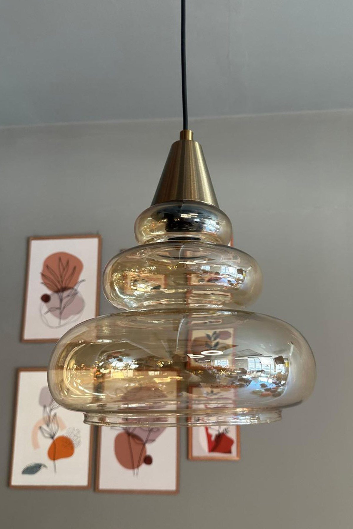 Lily Cam Bal Rengi Tekli Avize Eskitme Huni Başlık Retro Sarkıt Lamba Restoran Salon Aydınlatma