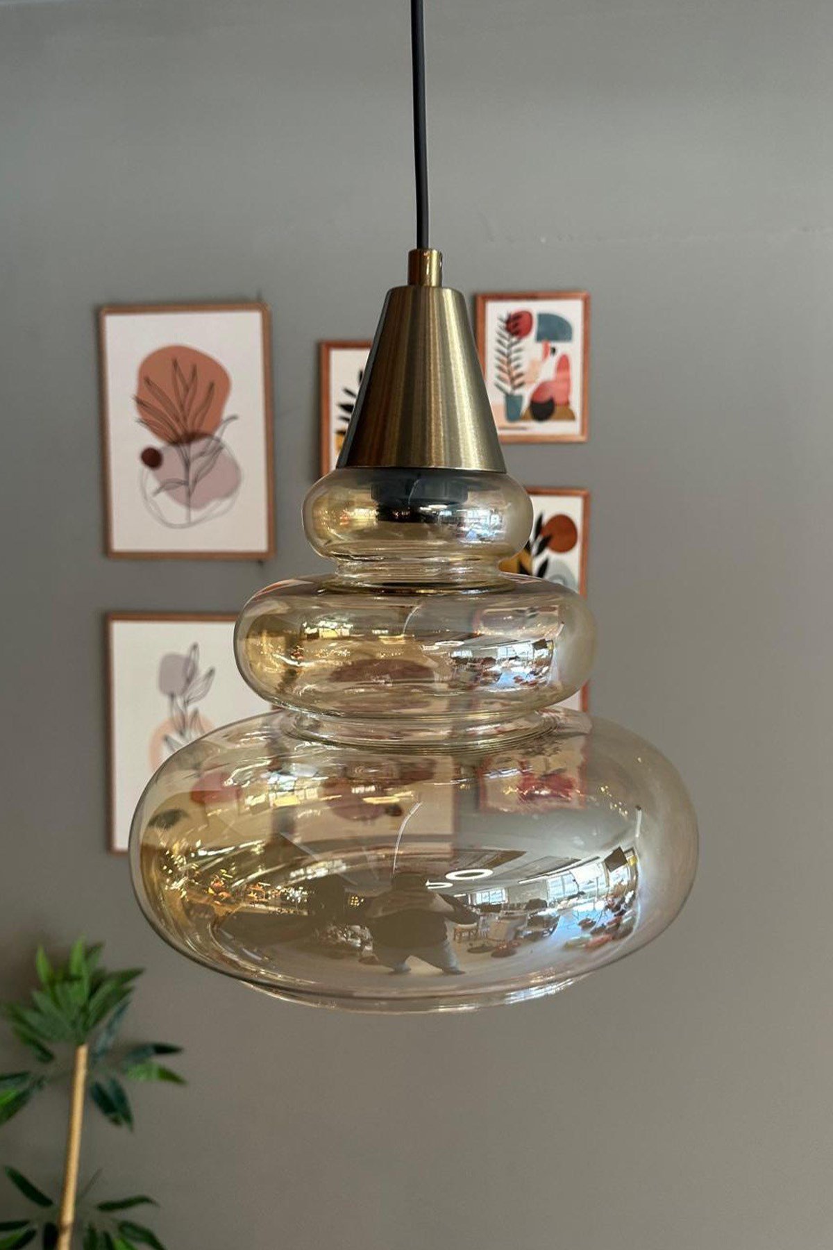 Lily Cam Bal Rengi Tekli Avize Eskitme Huni Başlık Retro Sarkıt Lamba Restoran Salon Aydınlatma
